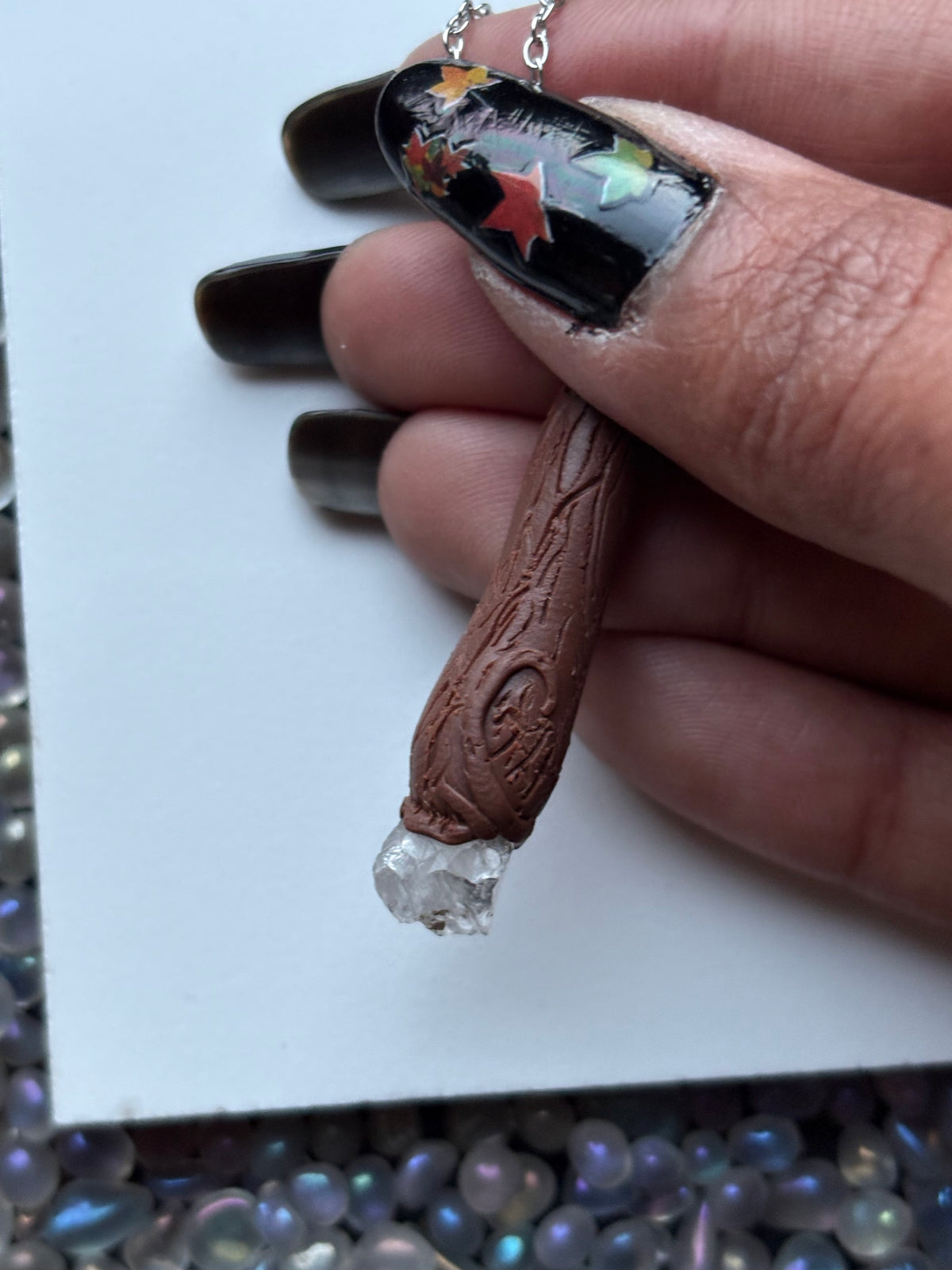Scottish Quartz Crystal Gemstone Clay Wooden Wand Necklace (7)
