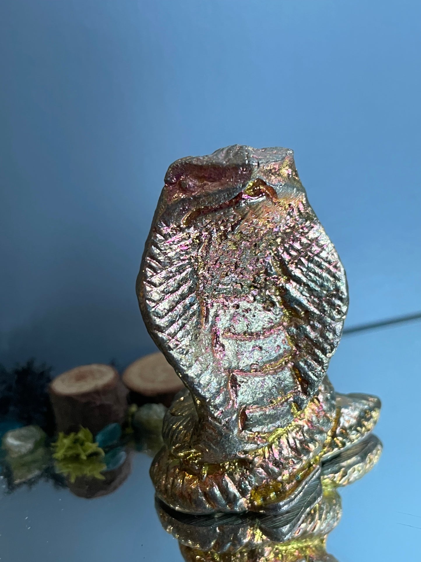 Gold Peach Bismuth Crystal Cobra Snake Metal Art Sculpture