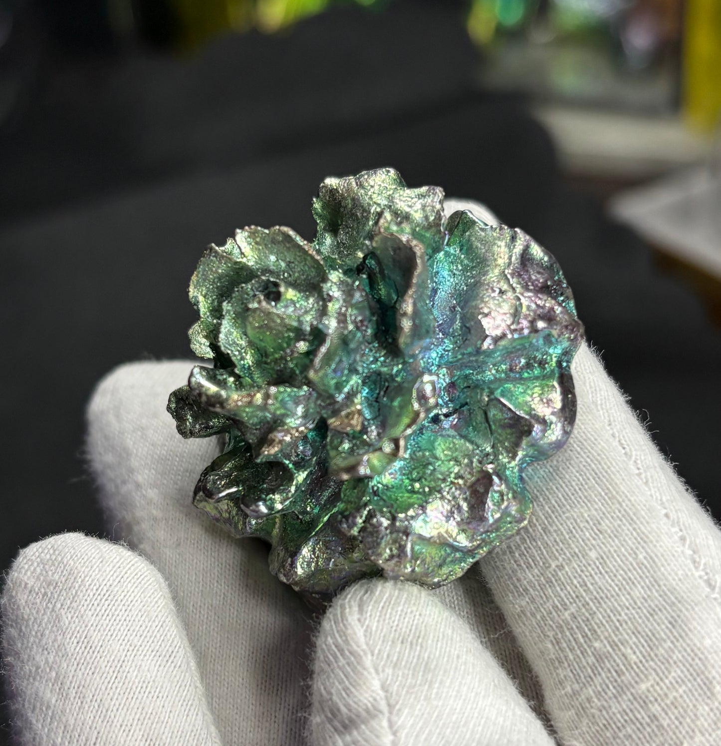 Teal Bismuth Crystal Small Rose Flower Metal Art Sculpture