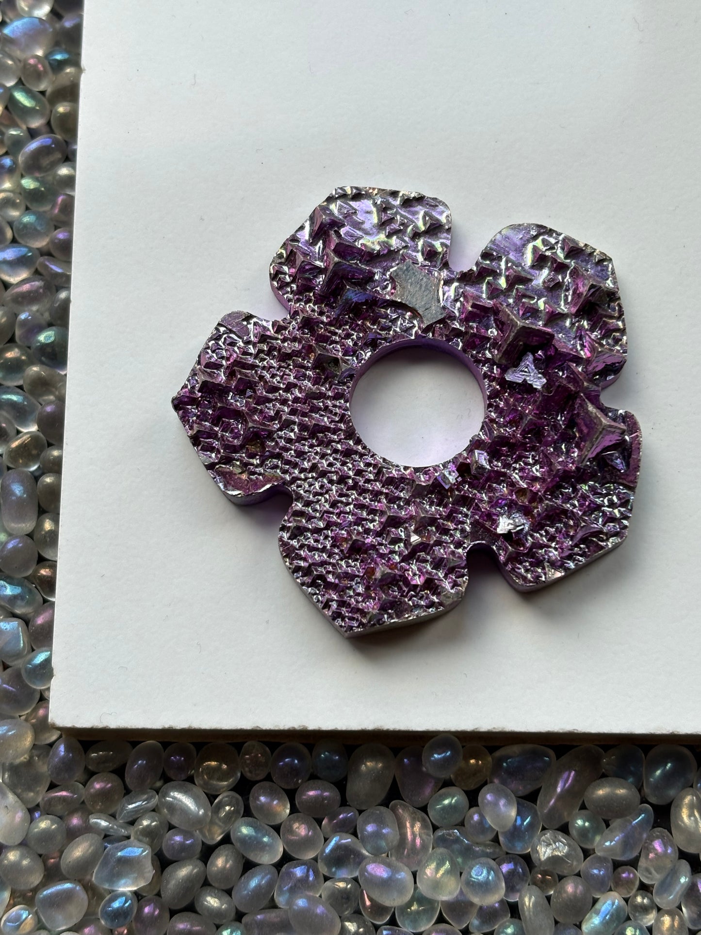 Purple Pink Bismuth Crystal Hippie Flower Slice Cut Out Sphere Holder