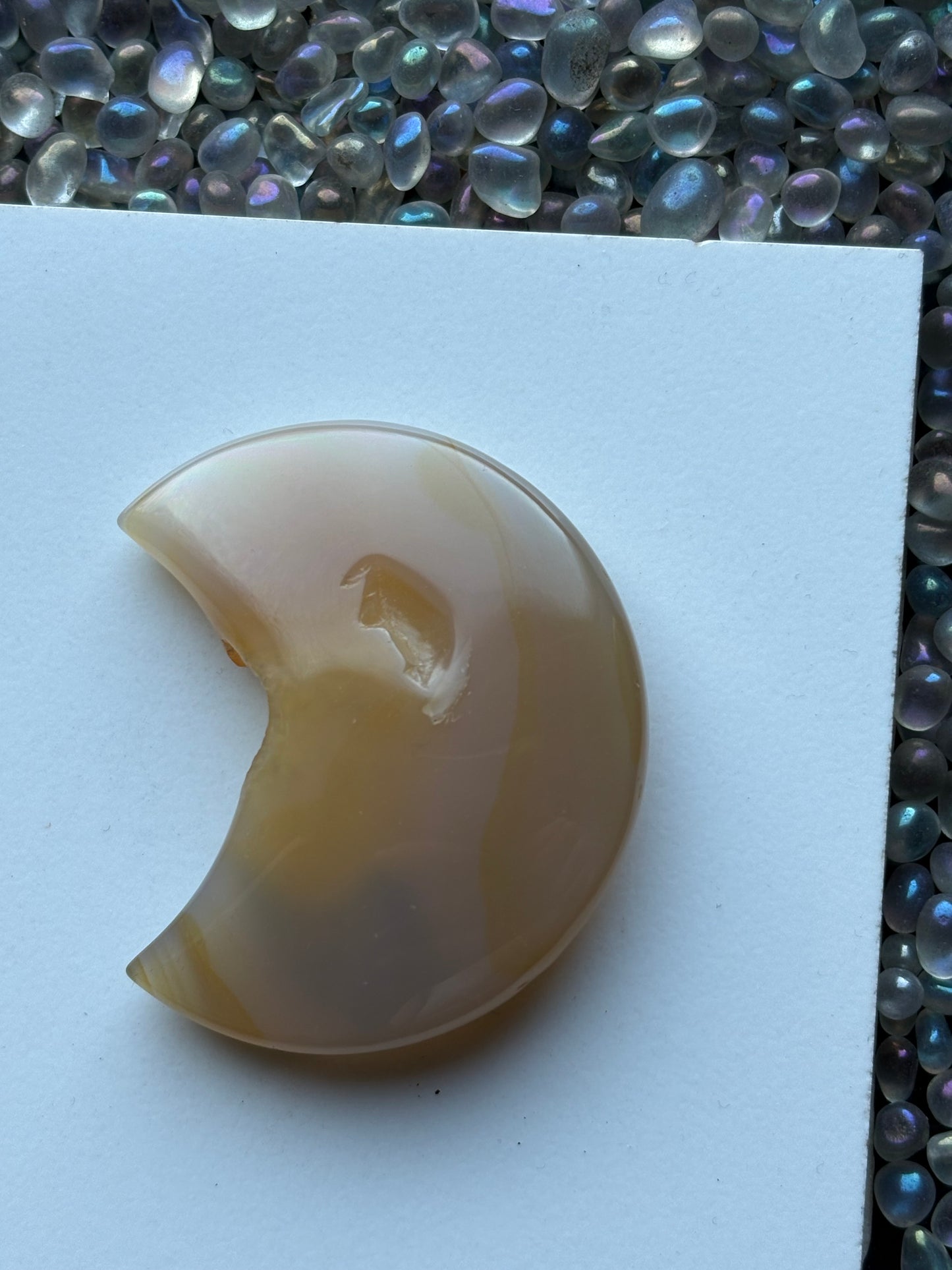 Cream Yellow Druzy Agate Gemstone Crystal Crescent Moon Carving