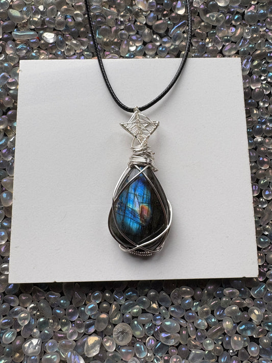 Blue Labradorite Crystal Gemstone Silver Wire Necklace