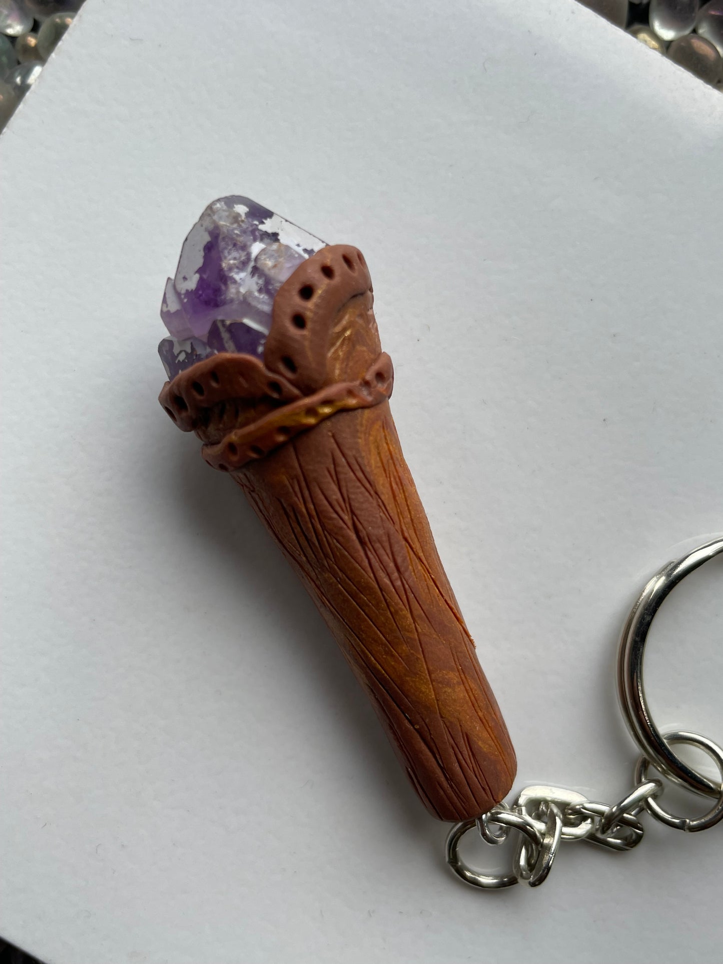 Amethyst Crystal Gemstone Clay Wooden Wand KeyChain (1)