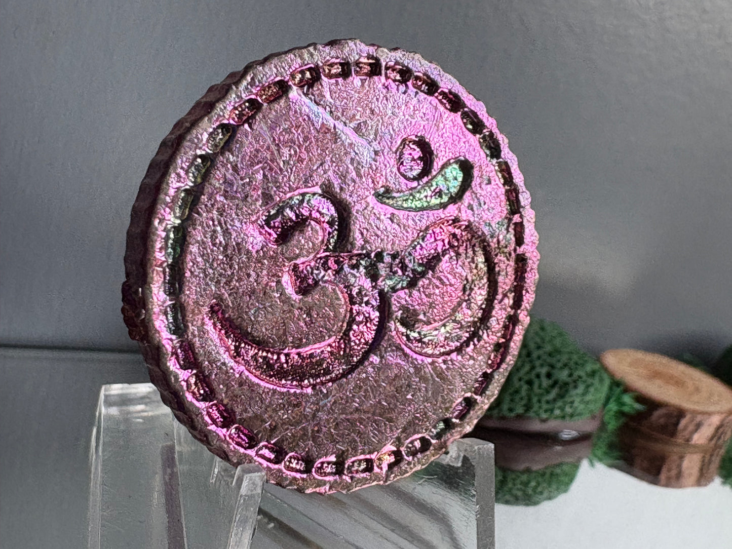 Pink Bismuth Crystal Om Coin Metal Art Sculpture