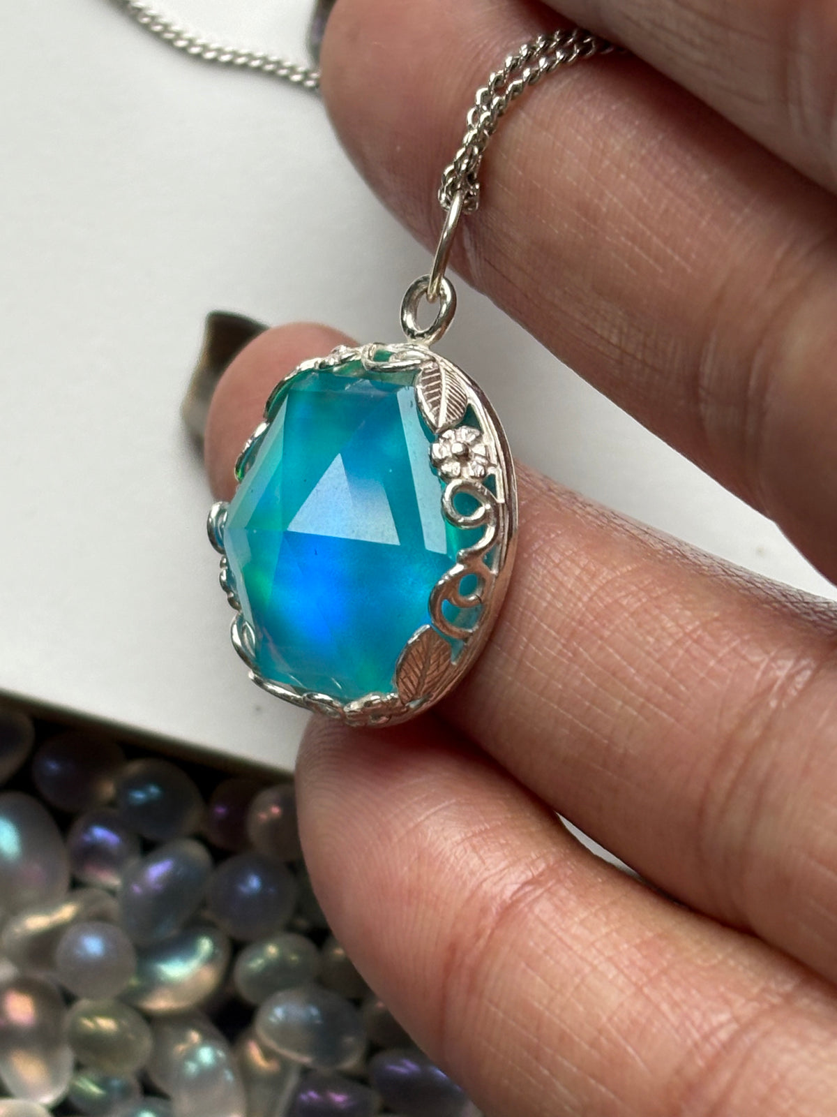 Aurora Opal Doublet Crystal Gemstone Hexagonal Leaf Bezel 925 Sterling Silver Necklace