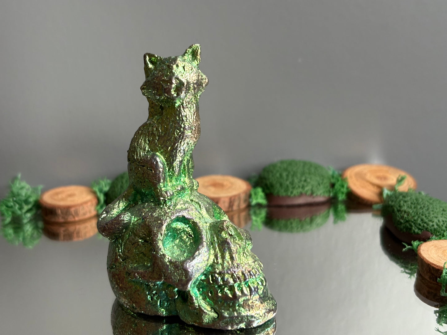 Teal Green Bismuth Crystal Cat on Skull Metal Art Sculpture