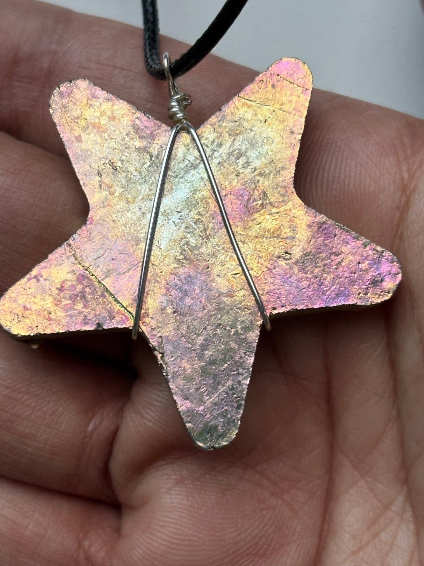 Gold Bismuth Star Crystal Cut Out Metal Art Cord Necklace