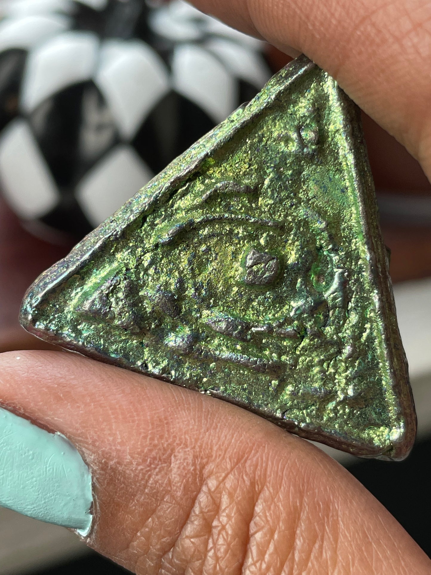 Green Bismuth Crystal Illuminati Triangle Metal Art Sculpture