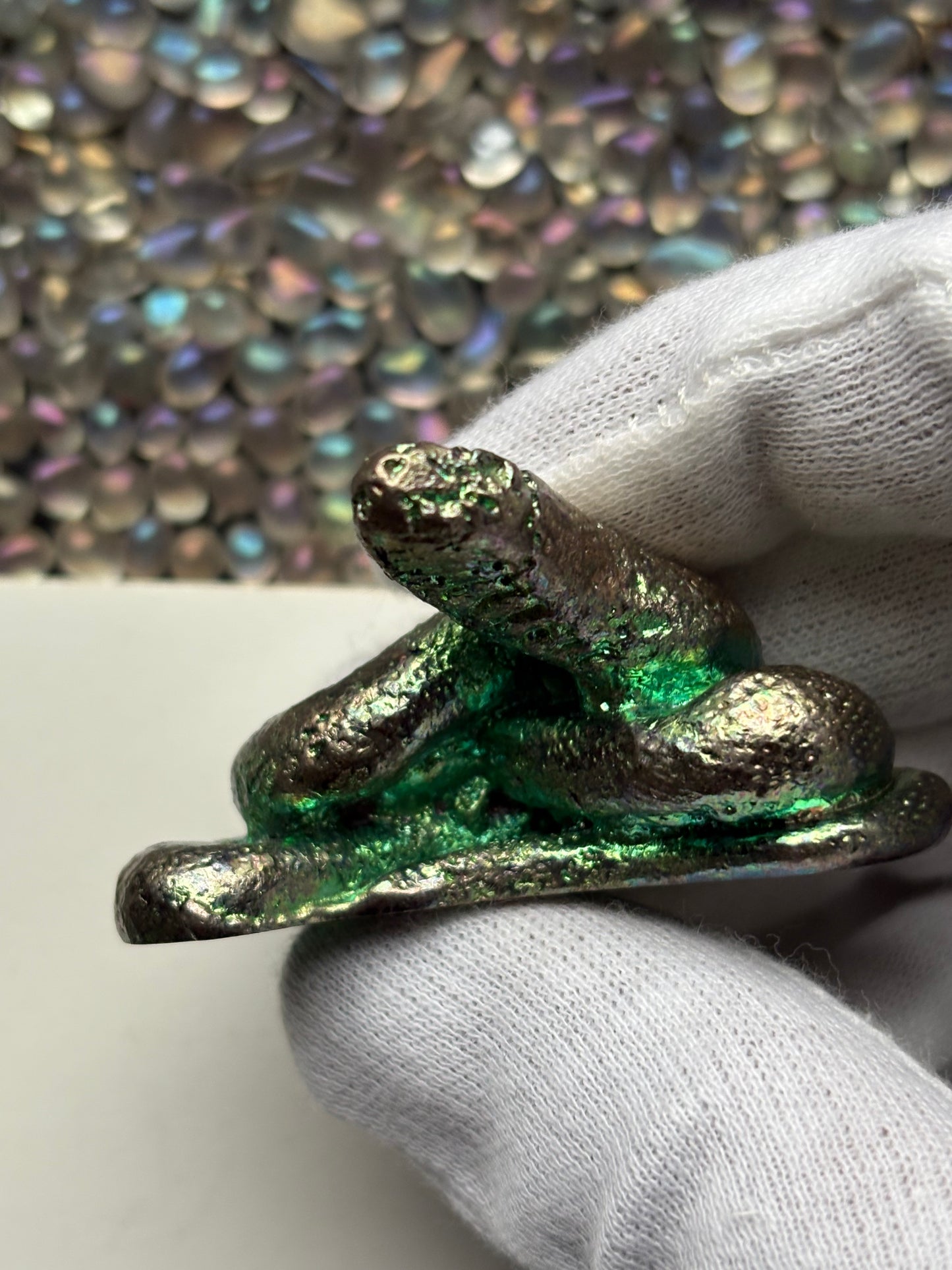 Teal Bismuth Crystal Coil Snake Metal Art Sculpture