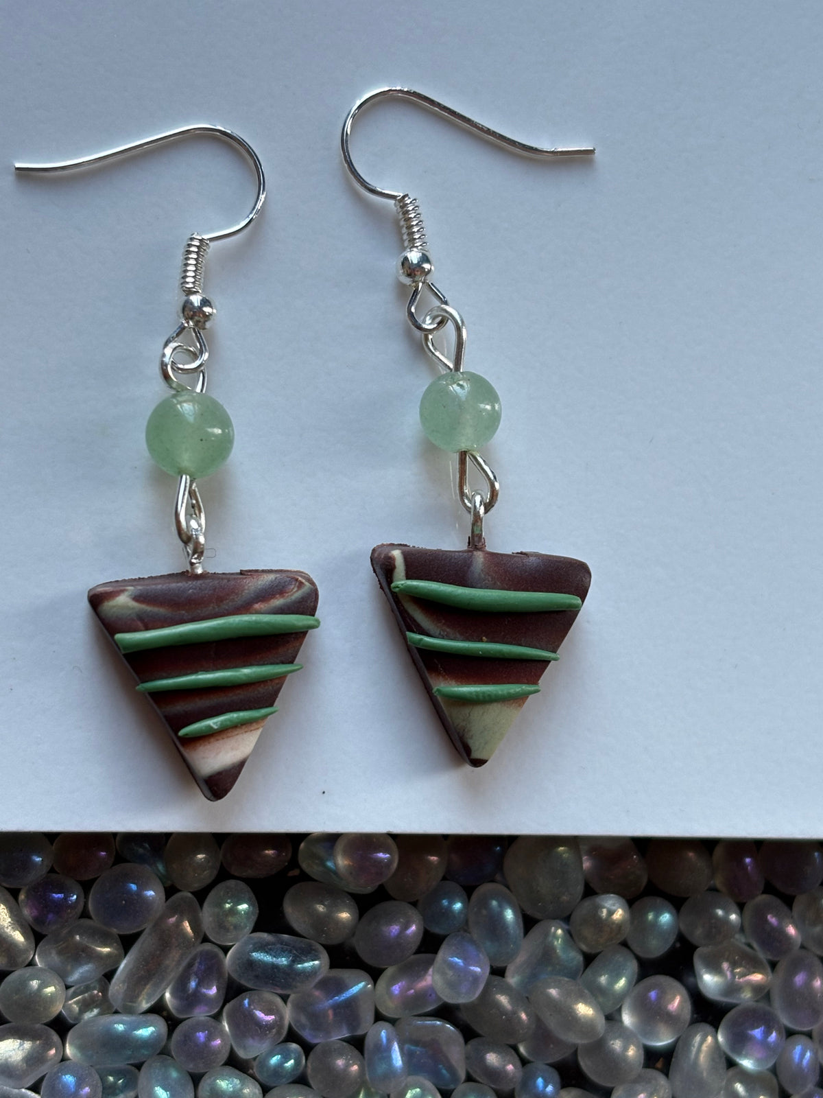 Chocolate Candy Triangle Clay & Green Aventurine Crystal Gemstone Silver Earrings