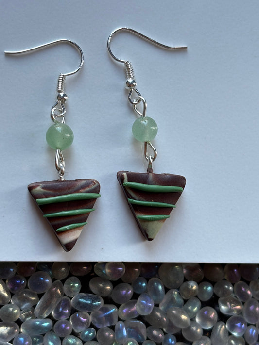 Chocolate Candy Triangle Clay & Green Aventurine Crystal Gemstone Silver Earrings