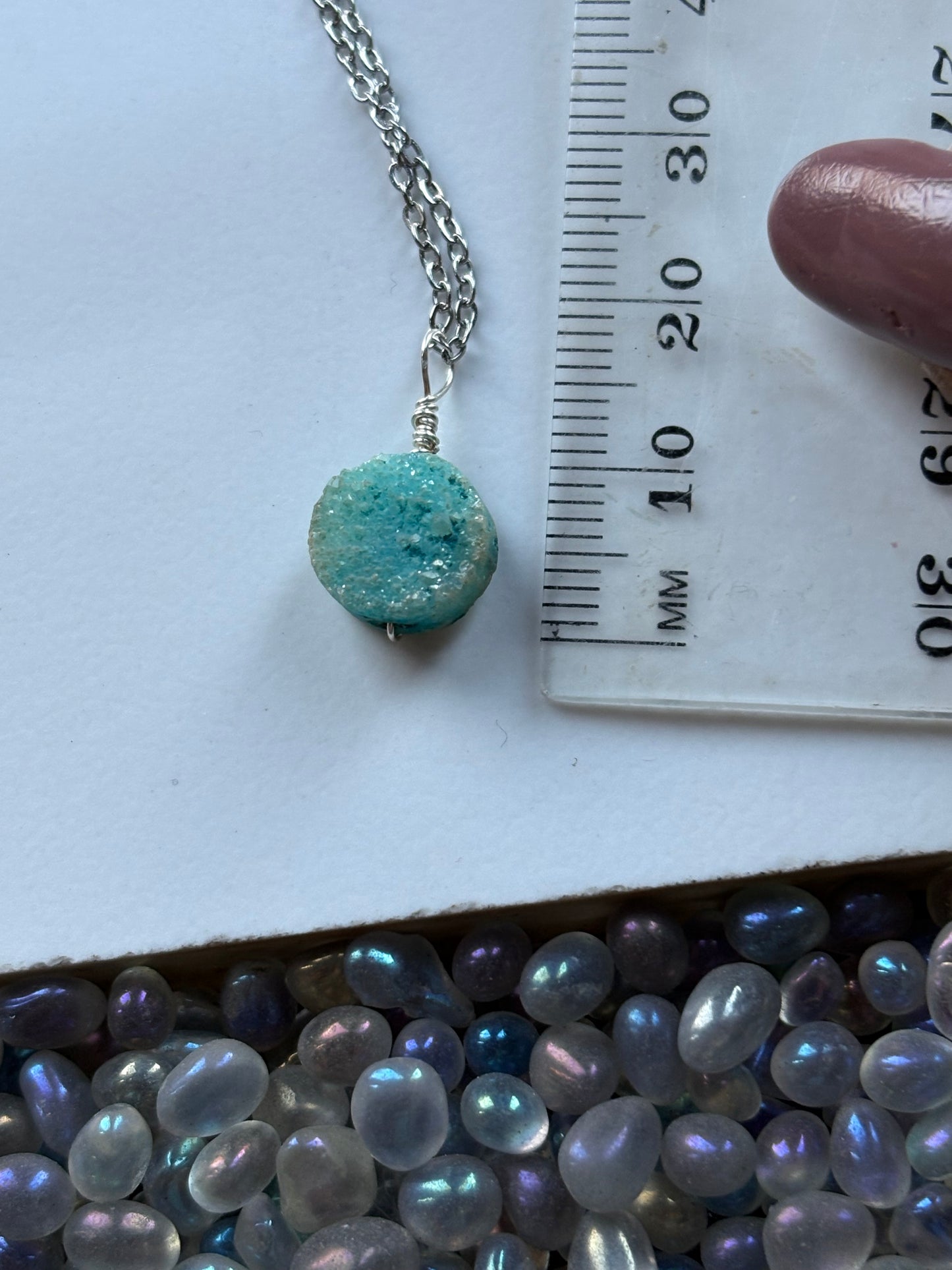 Turquoise Druzy Quartz Coin crystal gemstone silver Necklace