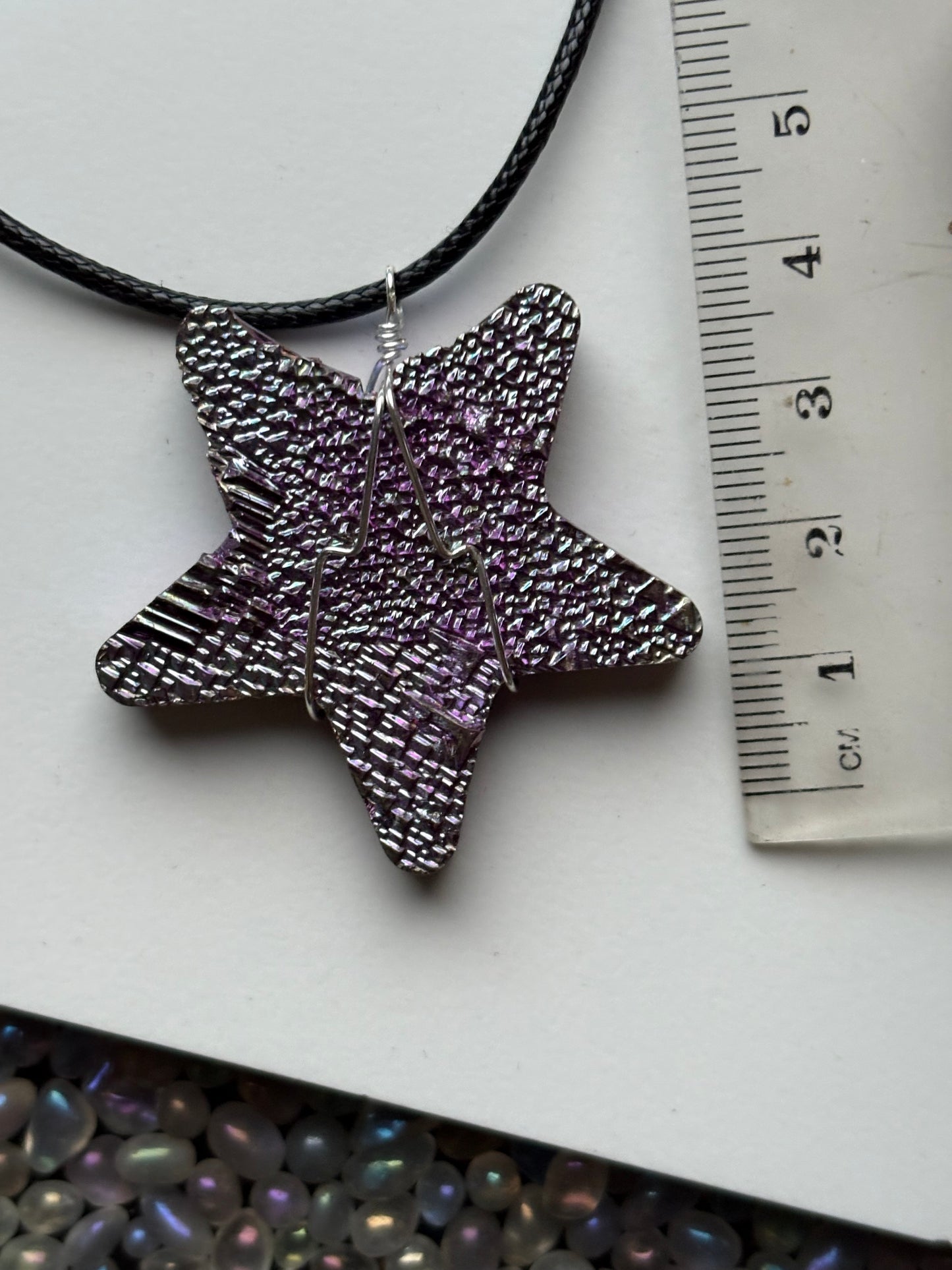 Purple Blue Bismuth Crystal Star Cut Out Metal Art Cord Necklace