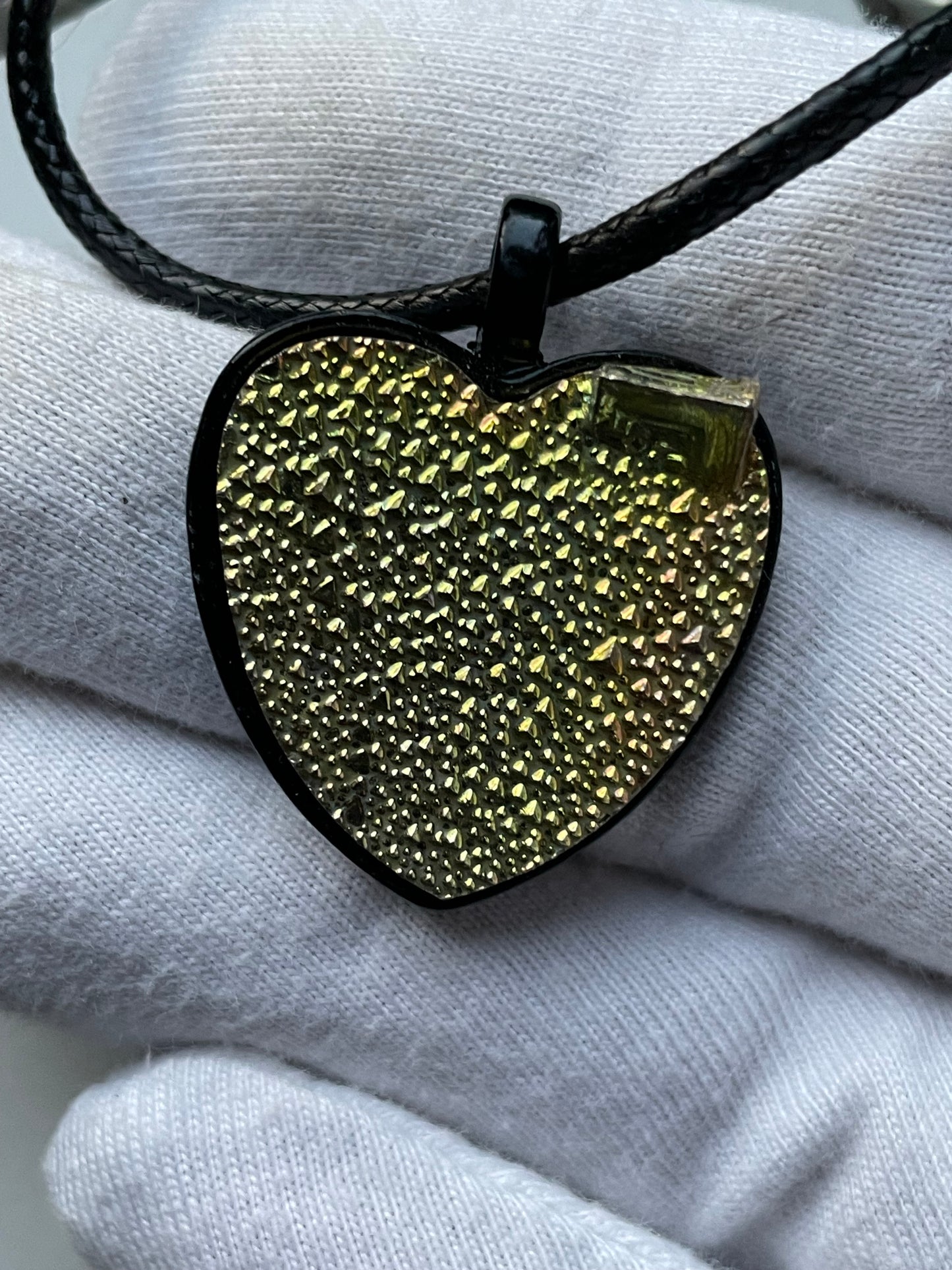 Lime Gold Bismuth Crystal Metal Art Cord Necklace HEART