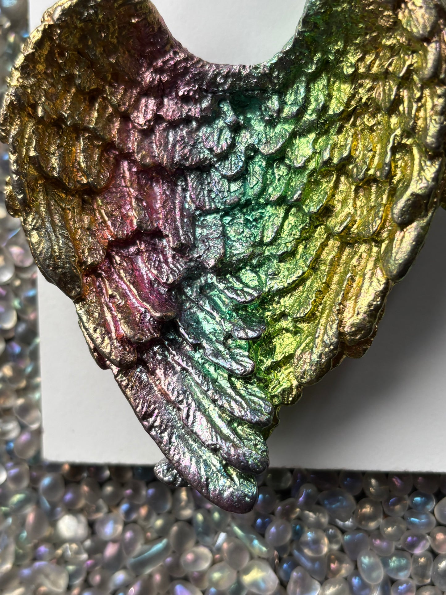 Rainbow Bismuth Crystal Angel Wing Dish / Sphere Holder Metal Art Sculpture