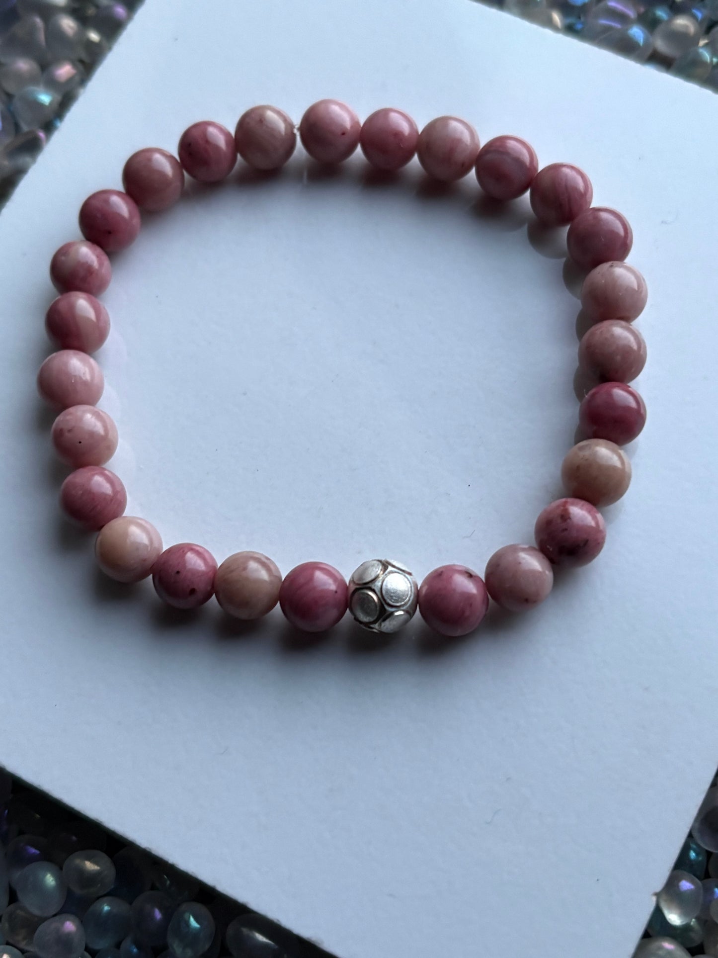 Rhodonite Crystal Gemstone Stretch Bracelet Sterling Silver