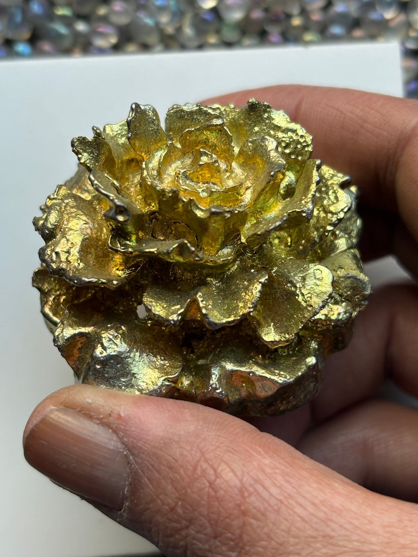 Gold Bismuth Crystal Rose Flower Metal Art Sculpture - Large