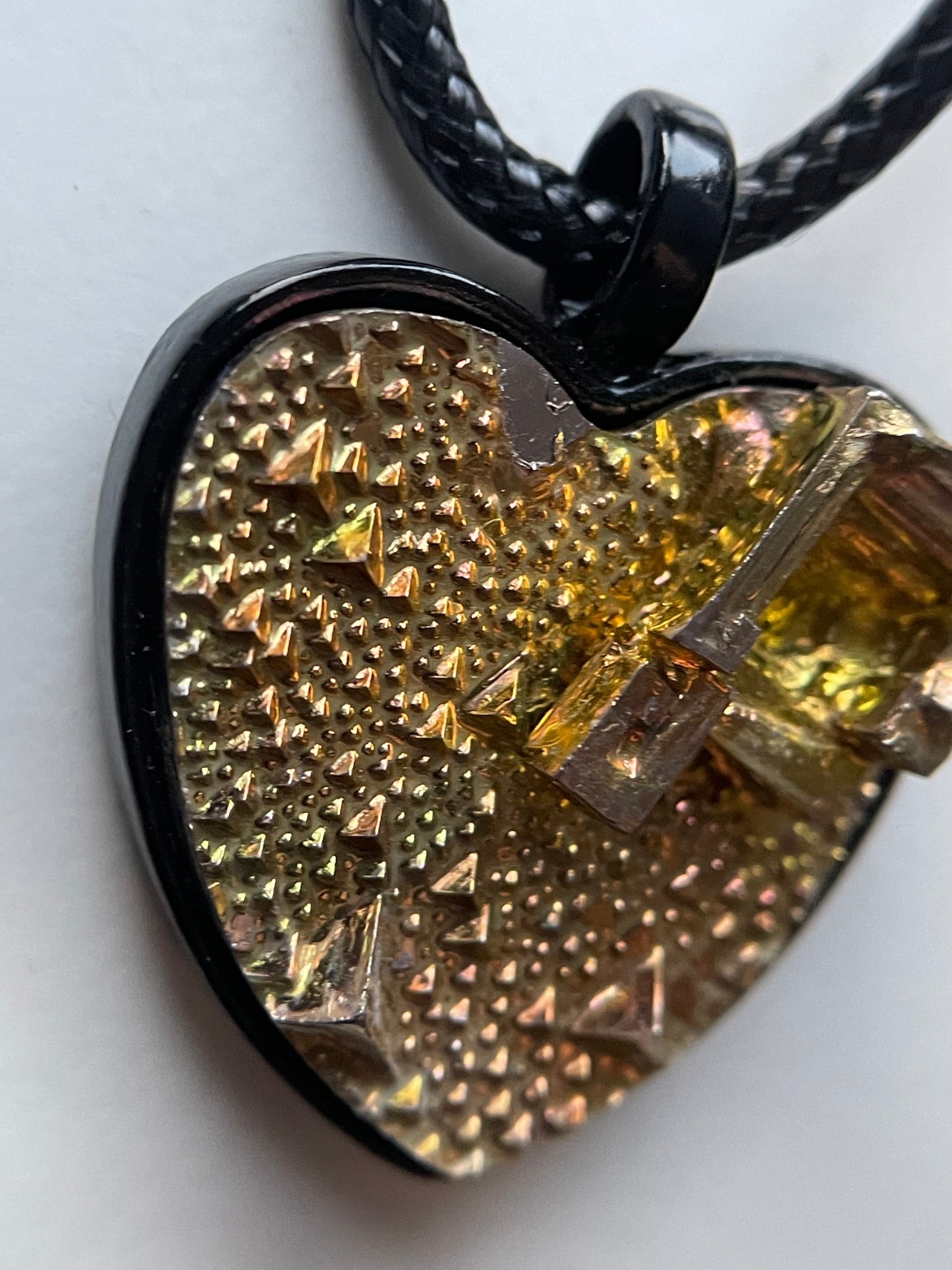 Gold Bismuth Heart Crystal Metal Art Cord Necklace