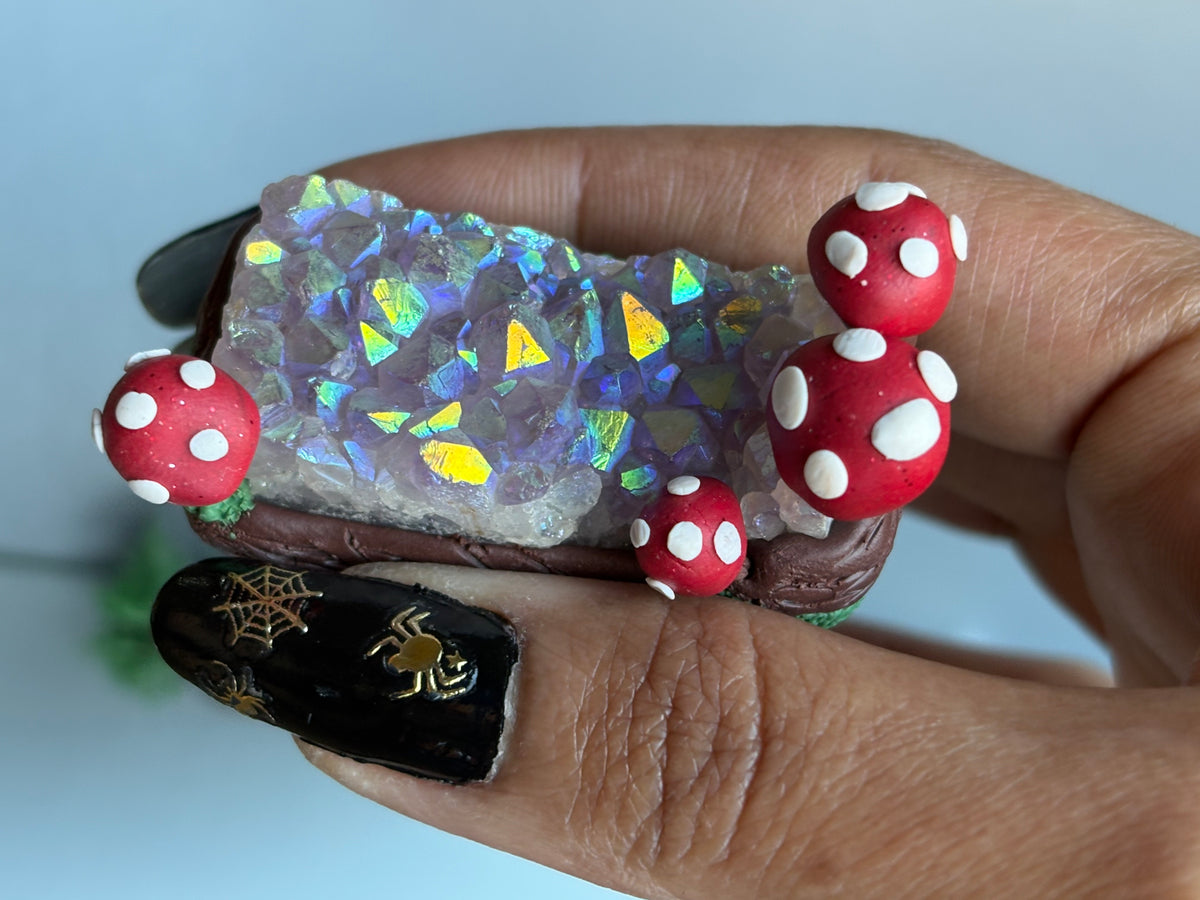 Aura Amethyst Crystal Gemstone Rectangular Cluster Mini Red Mushroom Garden (1)