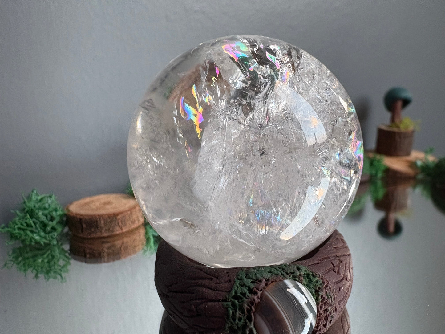 Rainbow Quartz Crystal Gemstone Sphere Clay Agate Ring Holder Gift Set