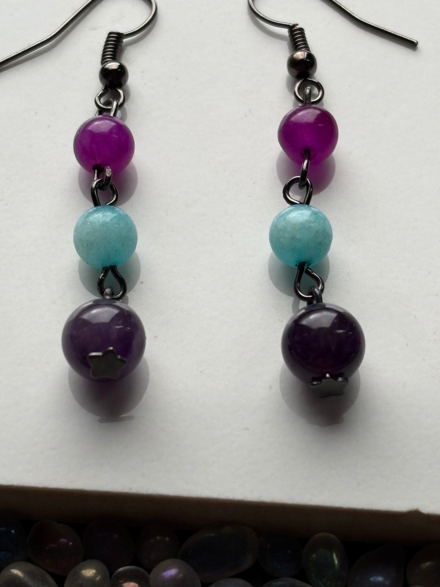 Purple Blue Quartz & Amethyst Crystal Gemstone Beaded Drop Earrings
