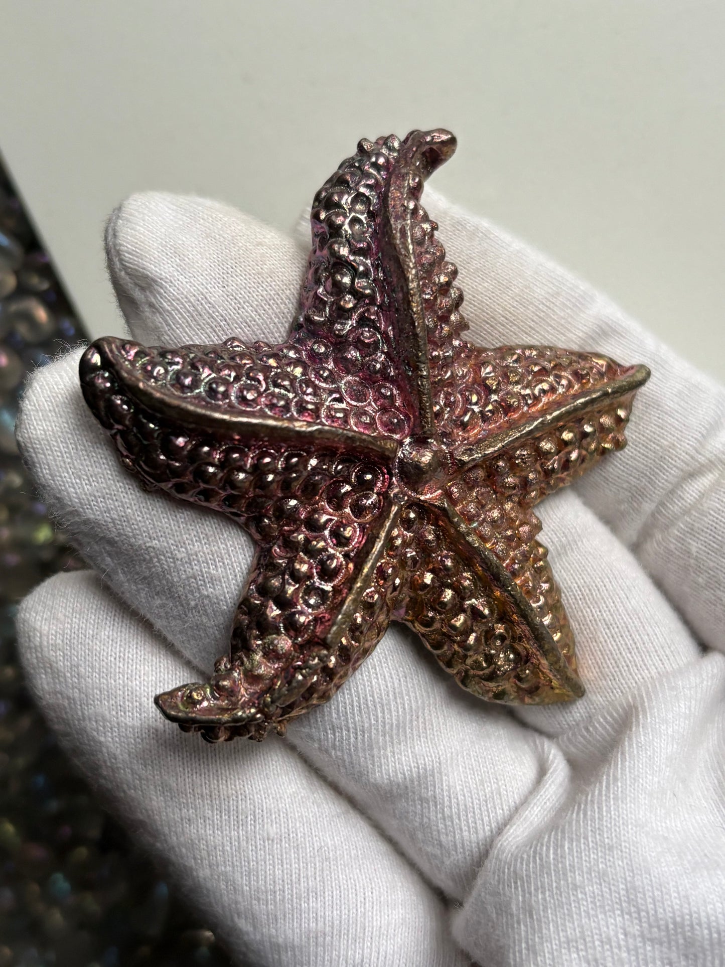 Peach Pink Bismuth Crystal Large Starfish Metal Art Sculpture