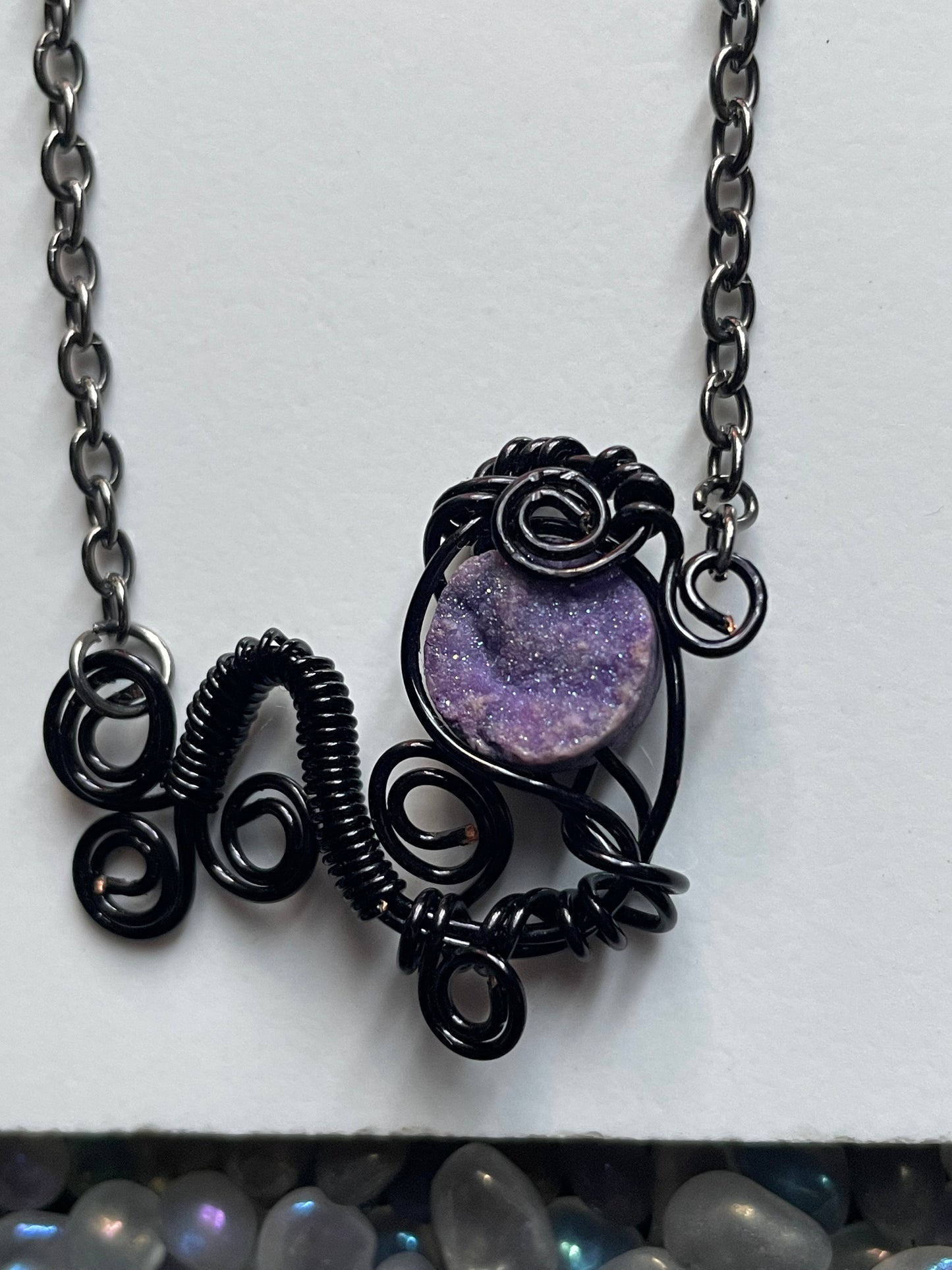 Violet Druzy Quartz Coin Gemstone Crystal Dragon Wire Pendant Necklace (Certified)