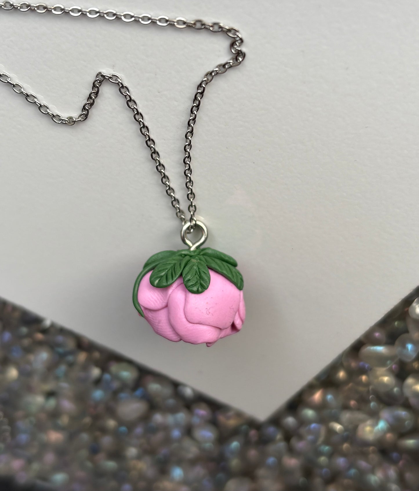Pink Peony Flower Clay Silver Necklace