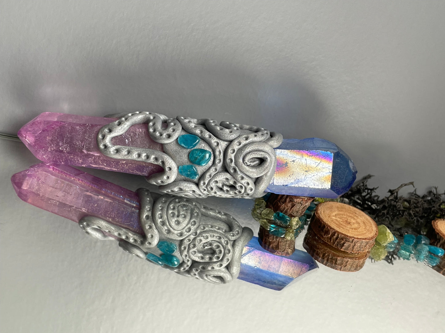 Purple Blue Aura Quartz & Apatite Crystal Gemstone Clay Wand