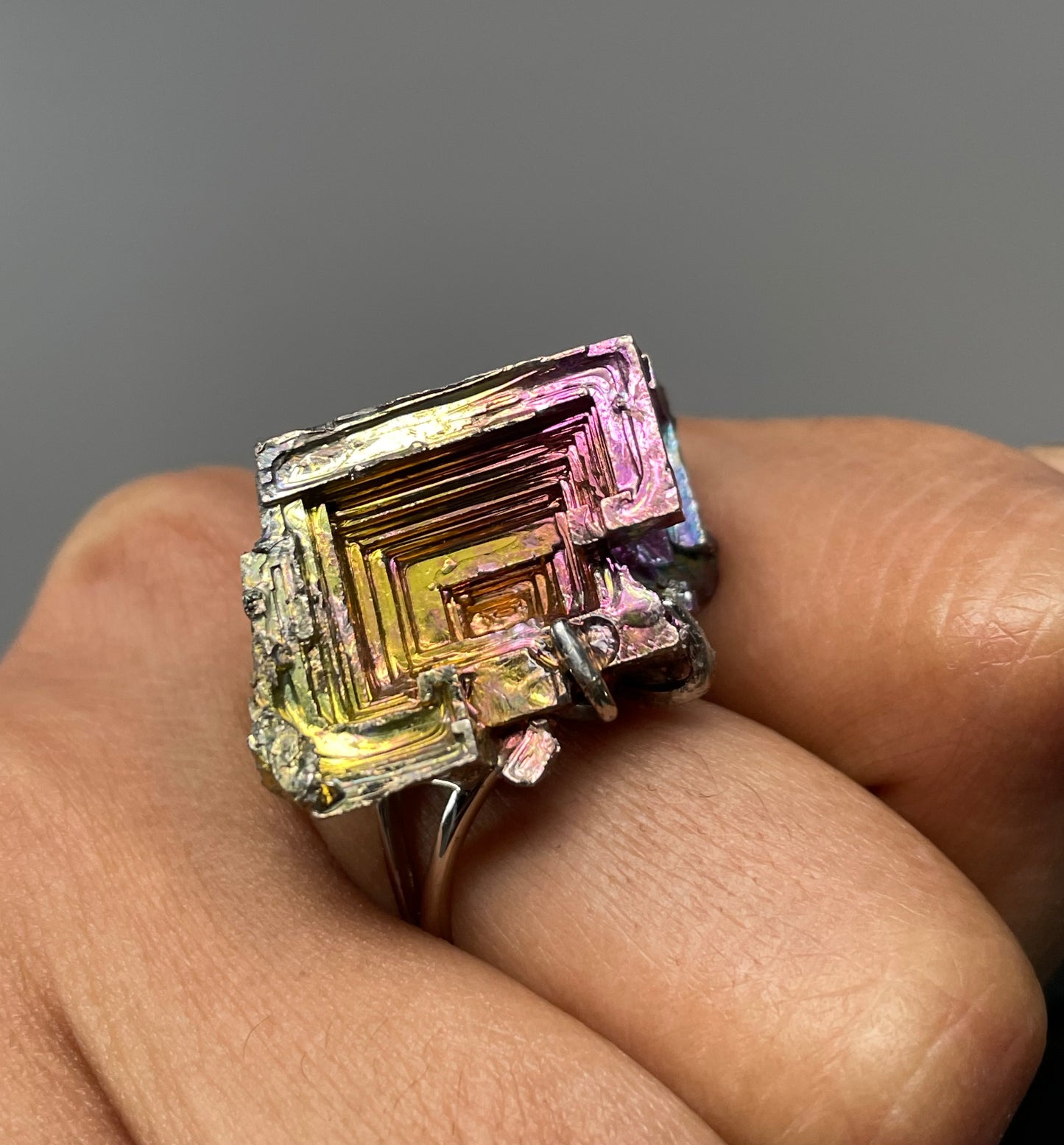 Bismuth Crystal Metal Art Silver Ring