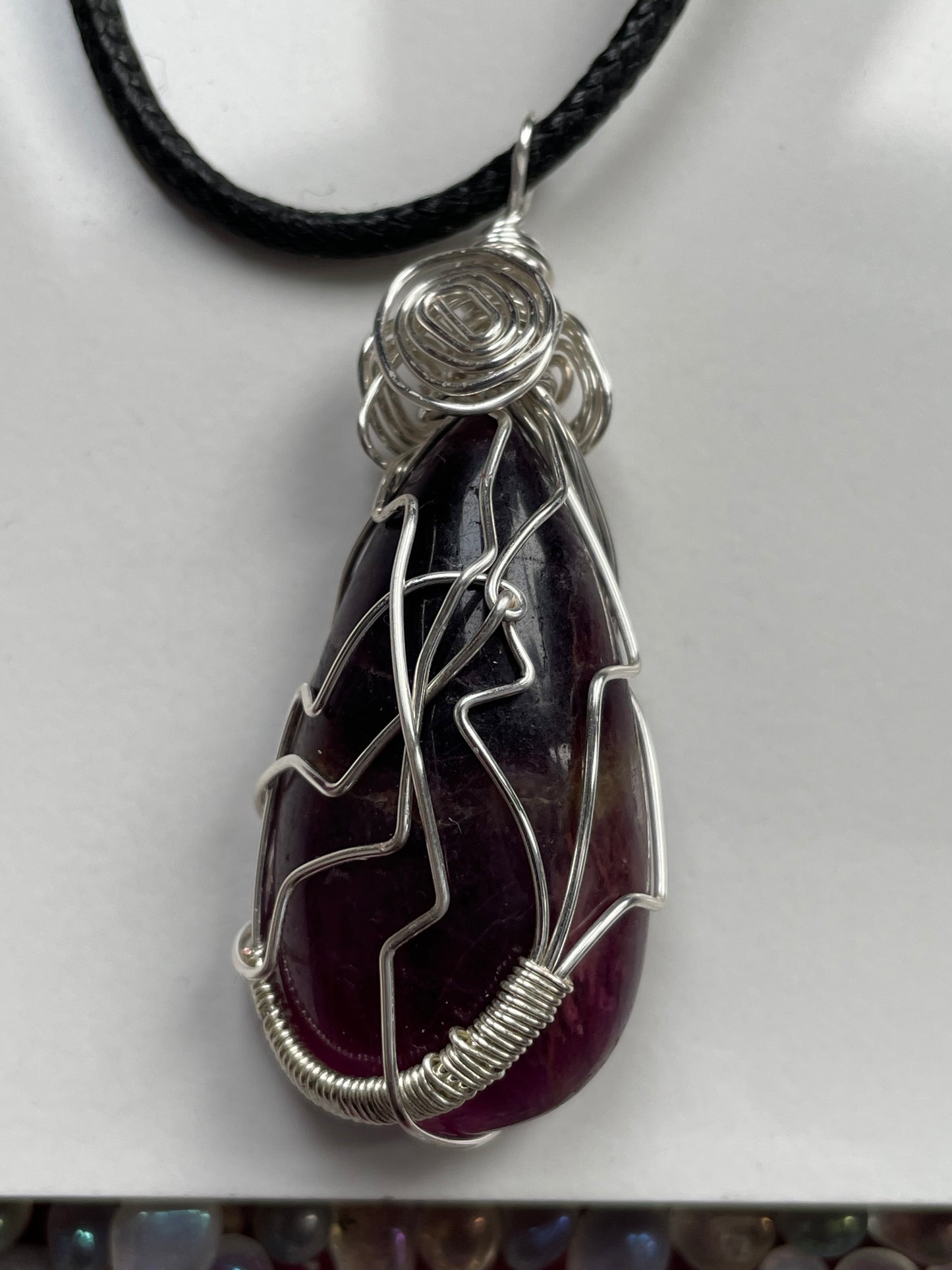 Purple Fluorite Crystal Gemstone Wire Wrap Silver Necklace