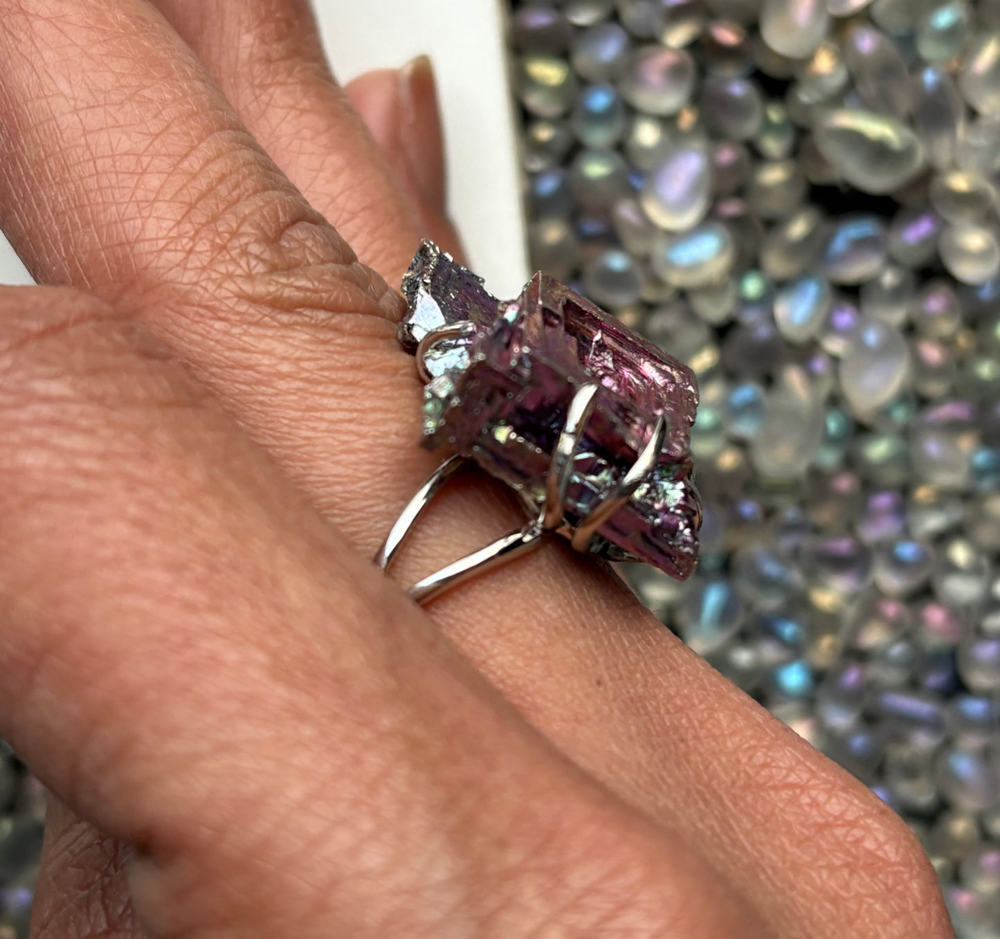 Bismuth Rose Crystal Metal Art Silver Ring