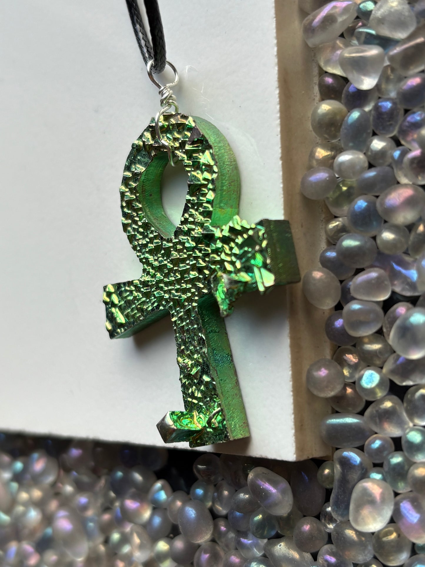 Green Bismuth Crystal Metal Art Necklace - Ankh