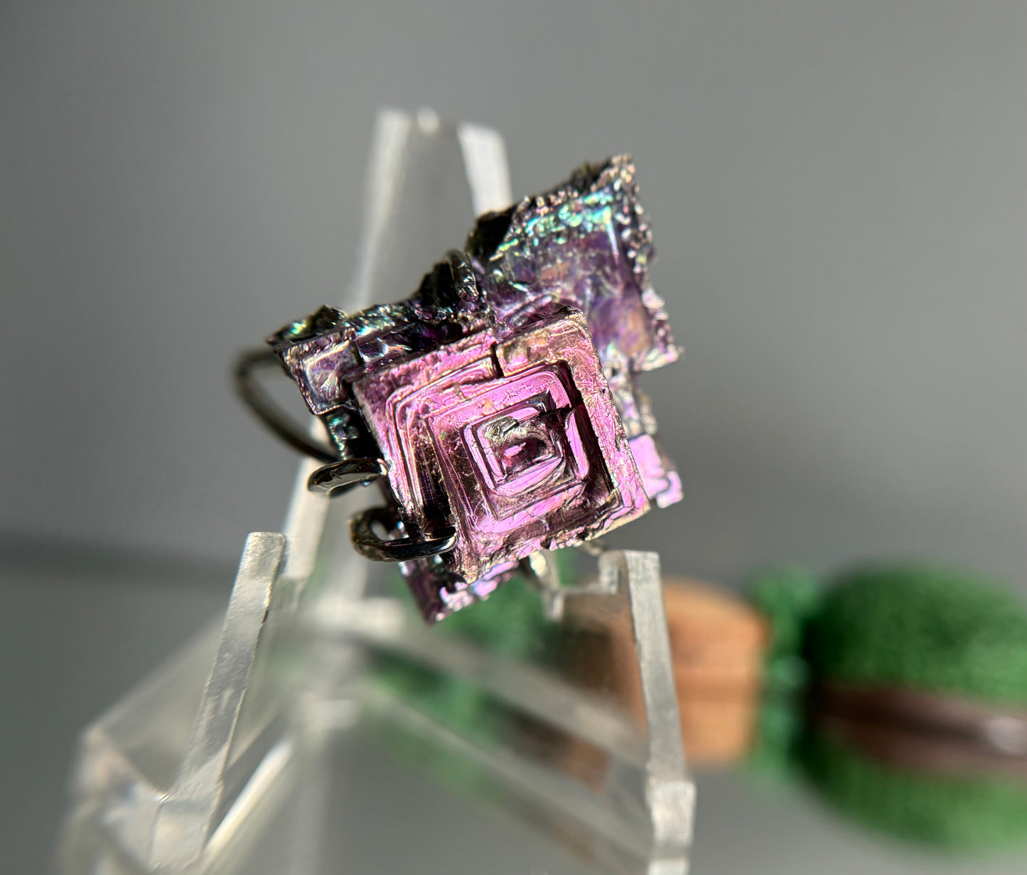 Bismuth Rose Crystal Metal Art Silver Ring
