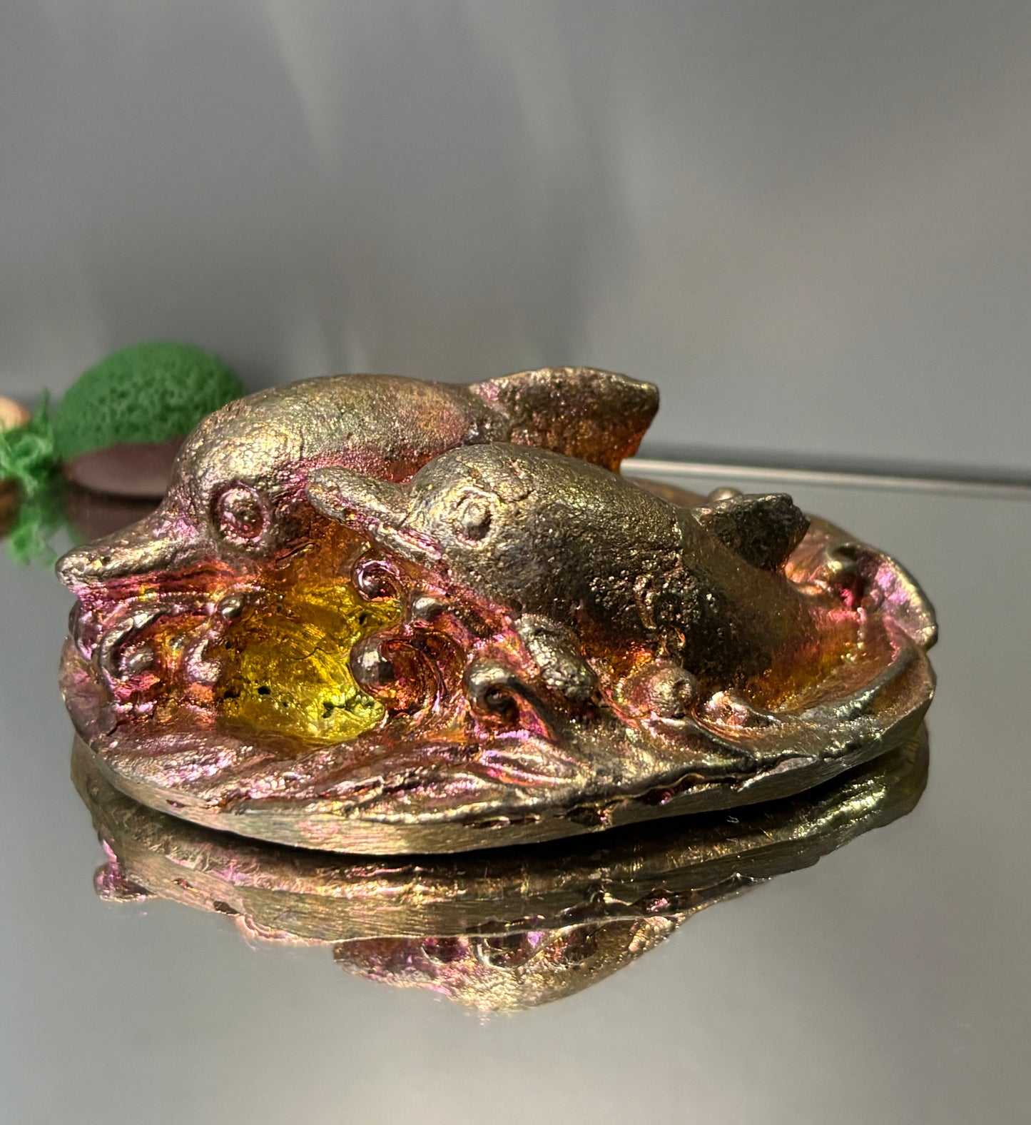 Gold Pink Bismuth Crystal Dolphin Pair Metal Art Sculpture