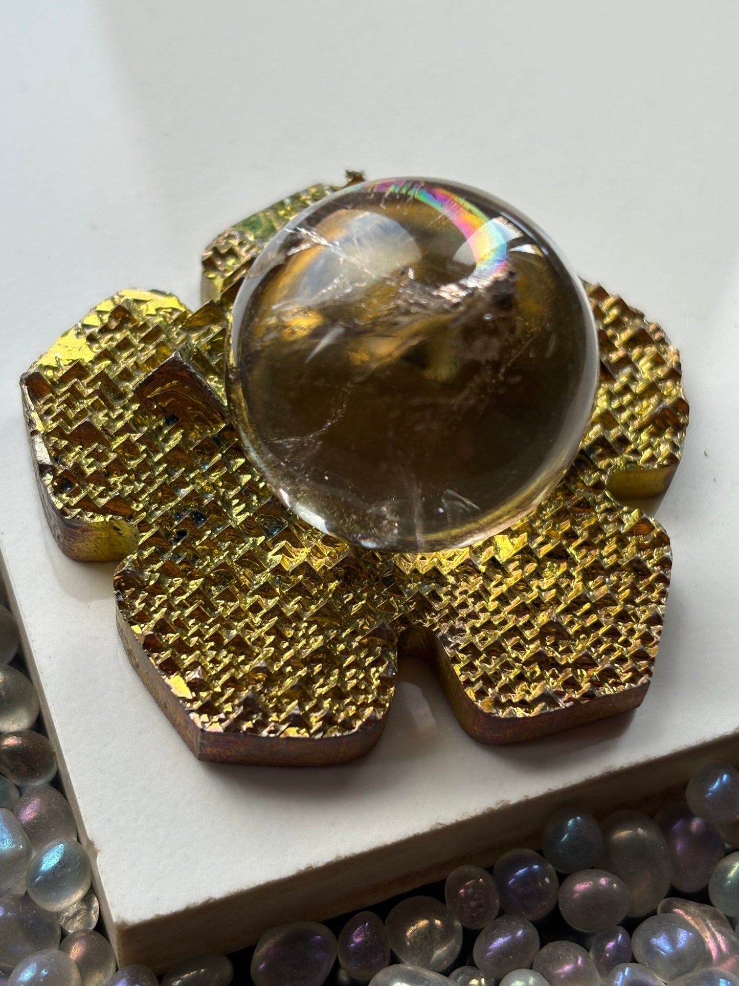 Gold Bismuth Crystal Hippie Flower Slice Cut Out Sphere Holder