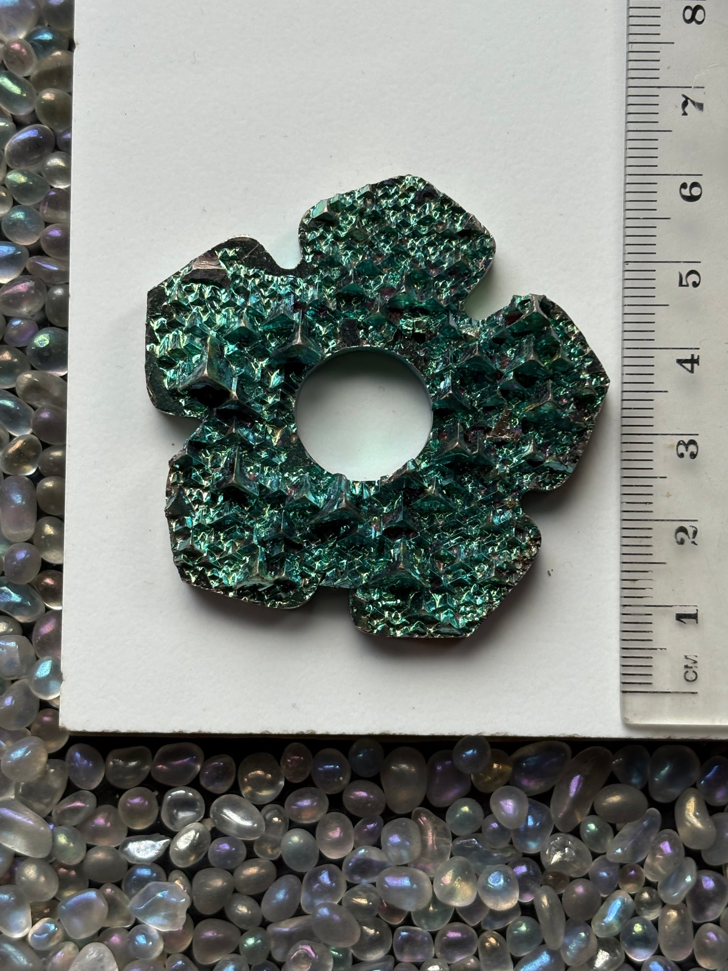 Teal Blue Bismuth Crystal Hippie Flower Slice Cut Out Sphere Holder