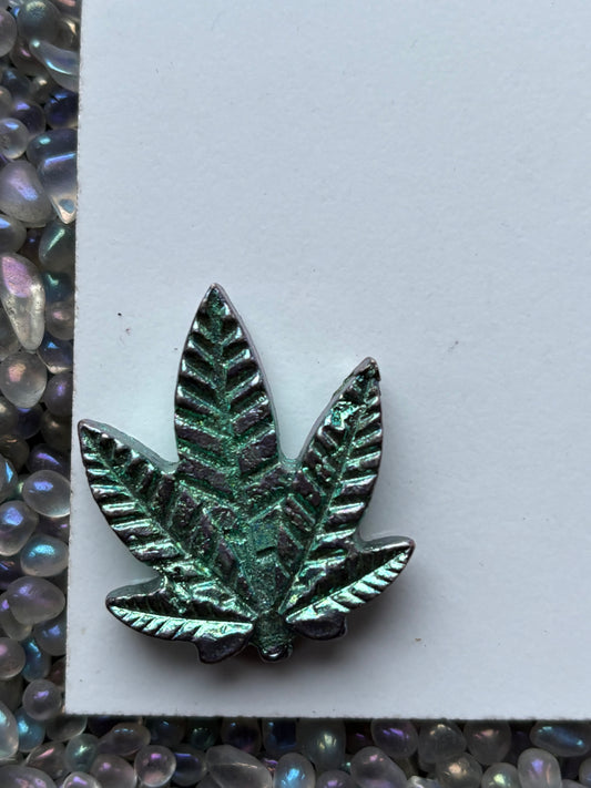 Teal Bismuth Crystal Pot Leaf Metal Art Sculpture