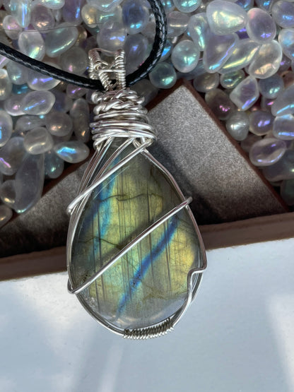 Gold Blue Labradorite Crystal Gemstone Silver Wire Necklace