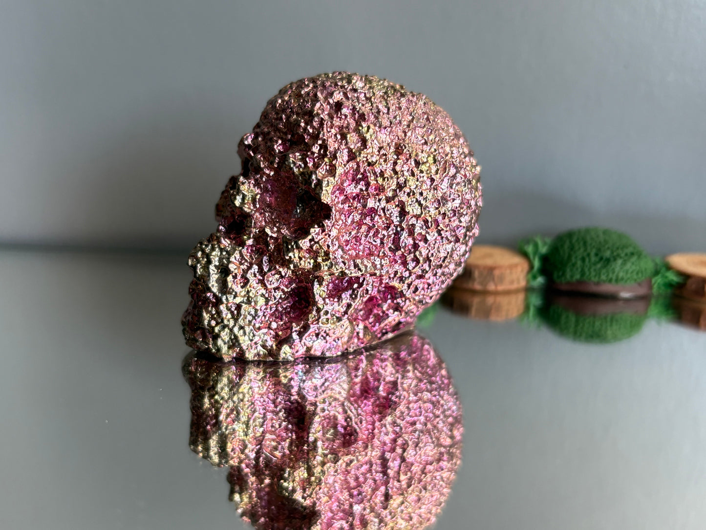 Pink Bismuth Crystal Coral Skull Large Metal Art Sculpture