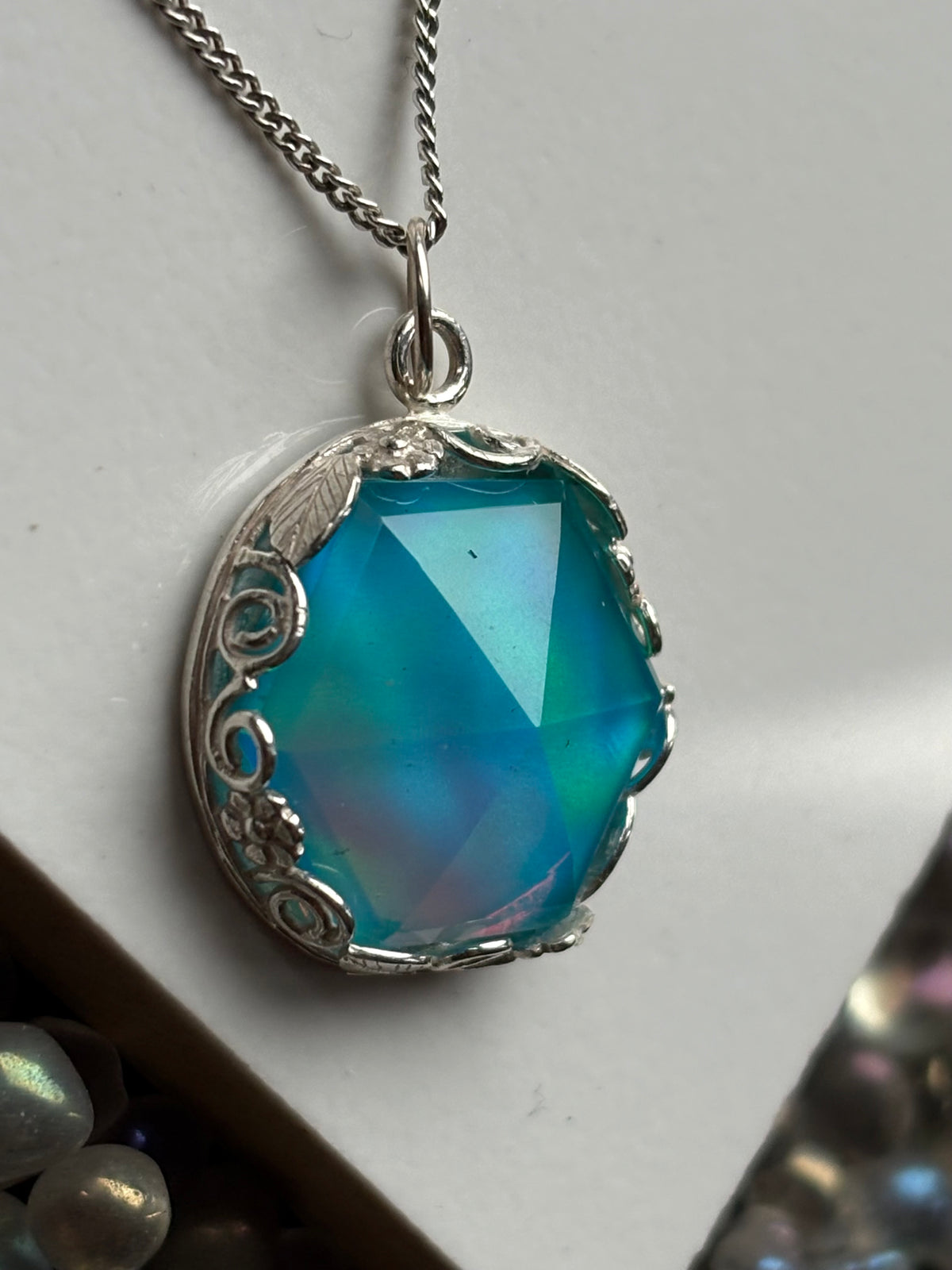 Aurora Opal Doublet Crystal Gemstone Hexagonal Leaf Bezel 925 Sterling Silver Necklace