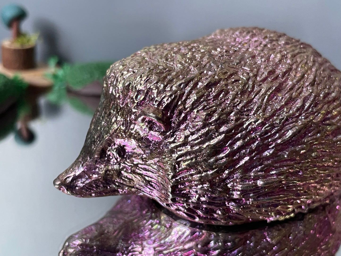 Pink Bismuth Crystal Large Hedgehog Metal Art Sculpture