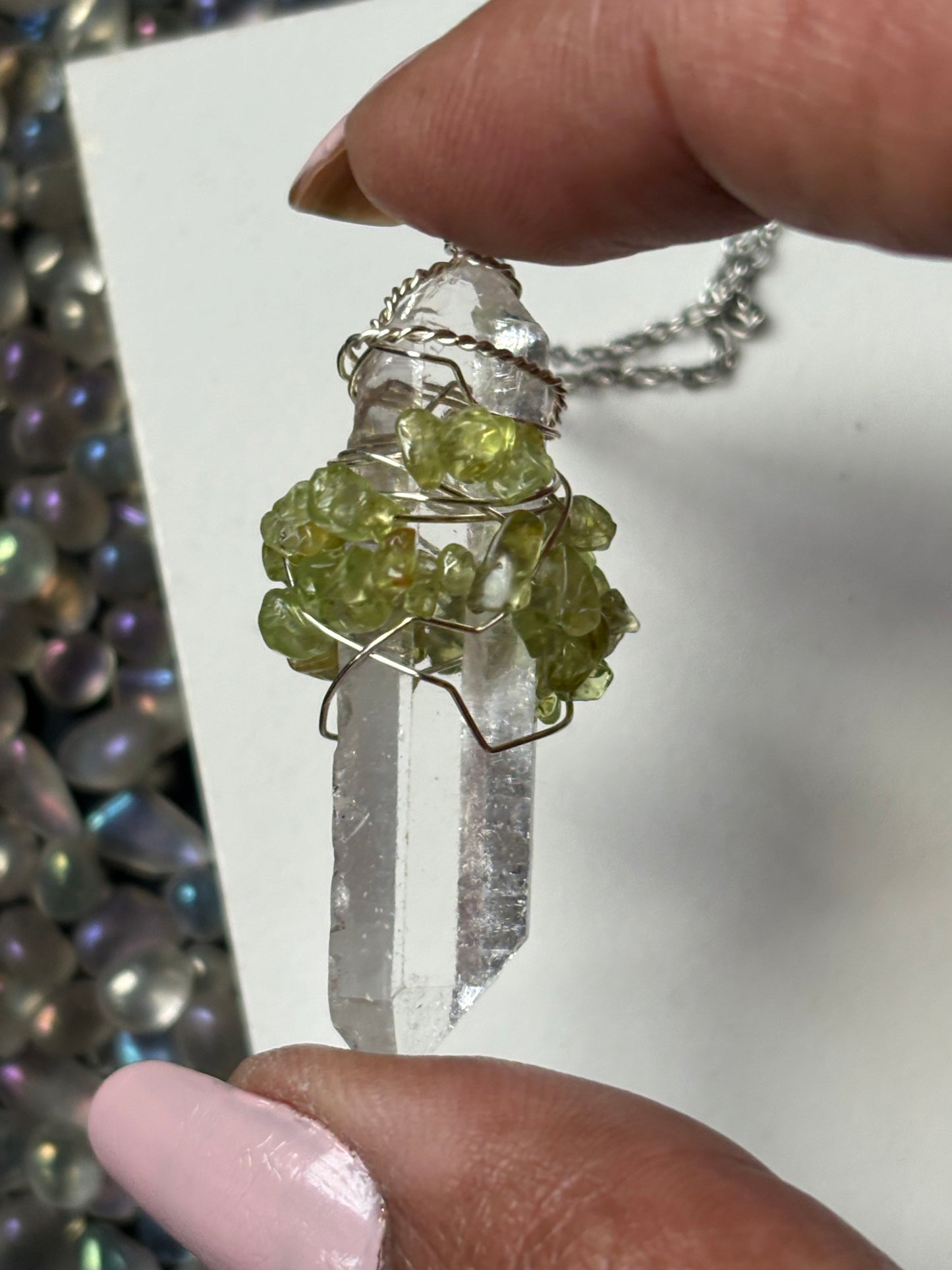 Lemurian Quartz & Peridot Crystal Gemstone Wire Wrap Necklace - Silver