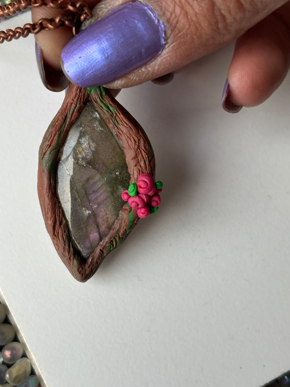 Purple Labradorite Crystal Gemstone Enchanted Rose Forest Clay Pendant Necklace