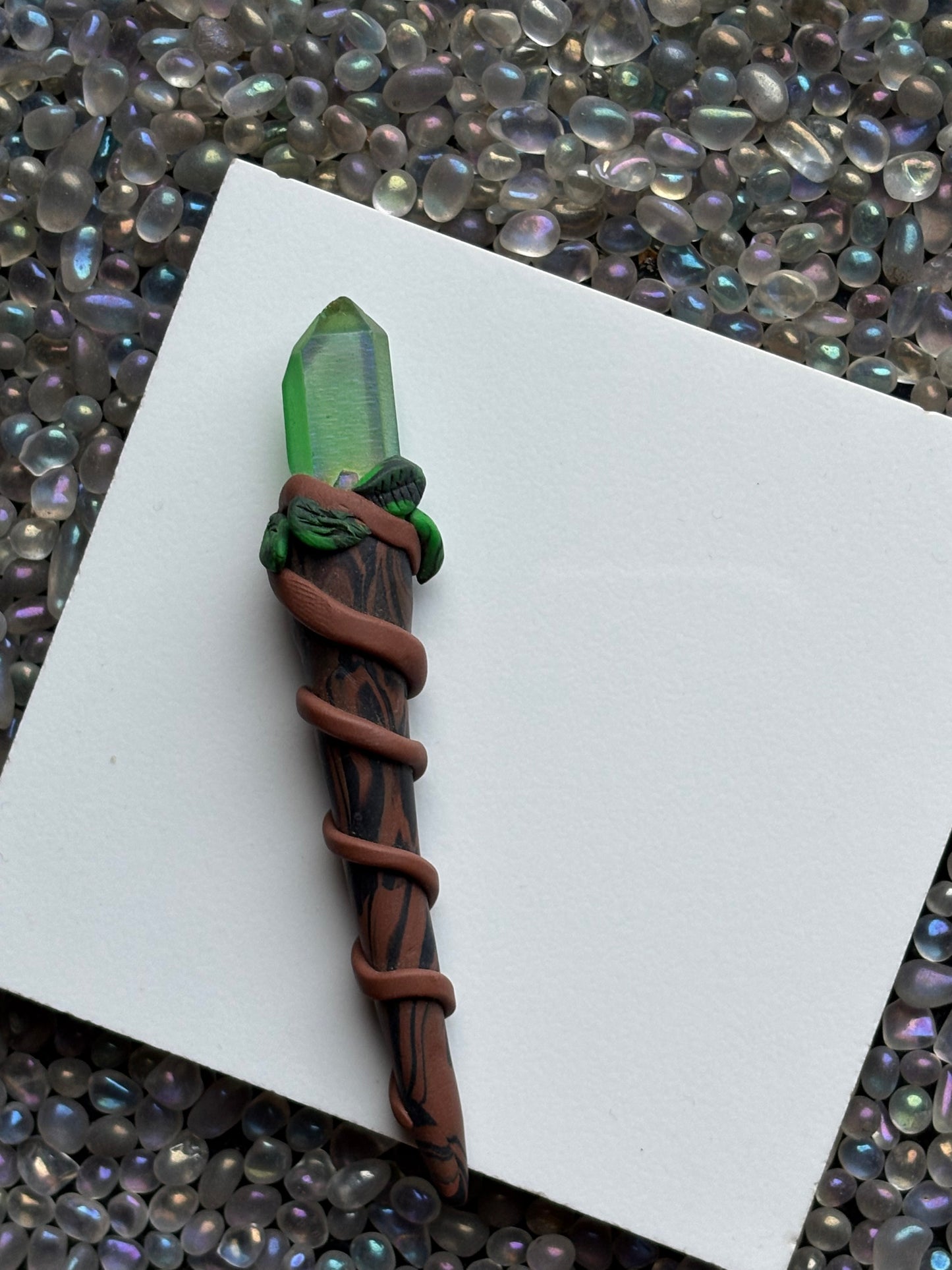 Apple Aura Quartz Crystal Gemstone Wooden Leaf Clay Wand