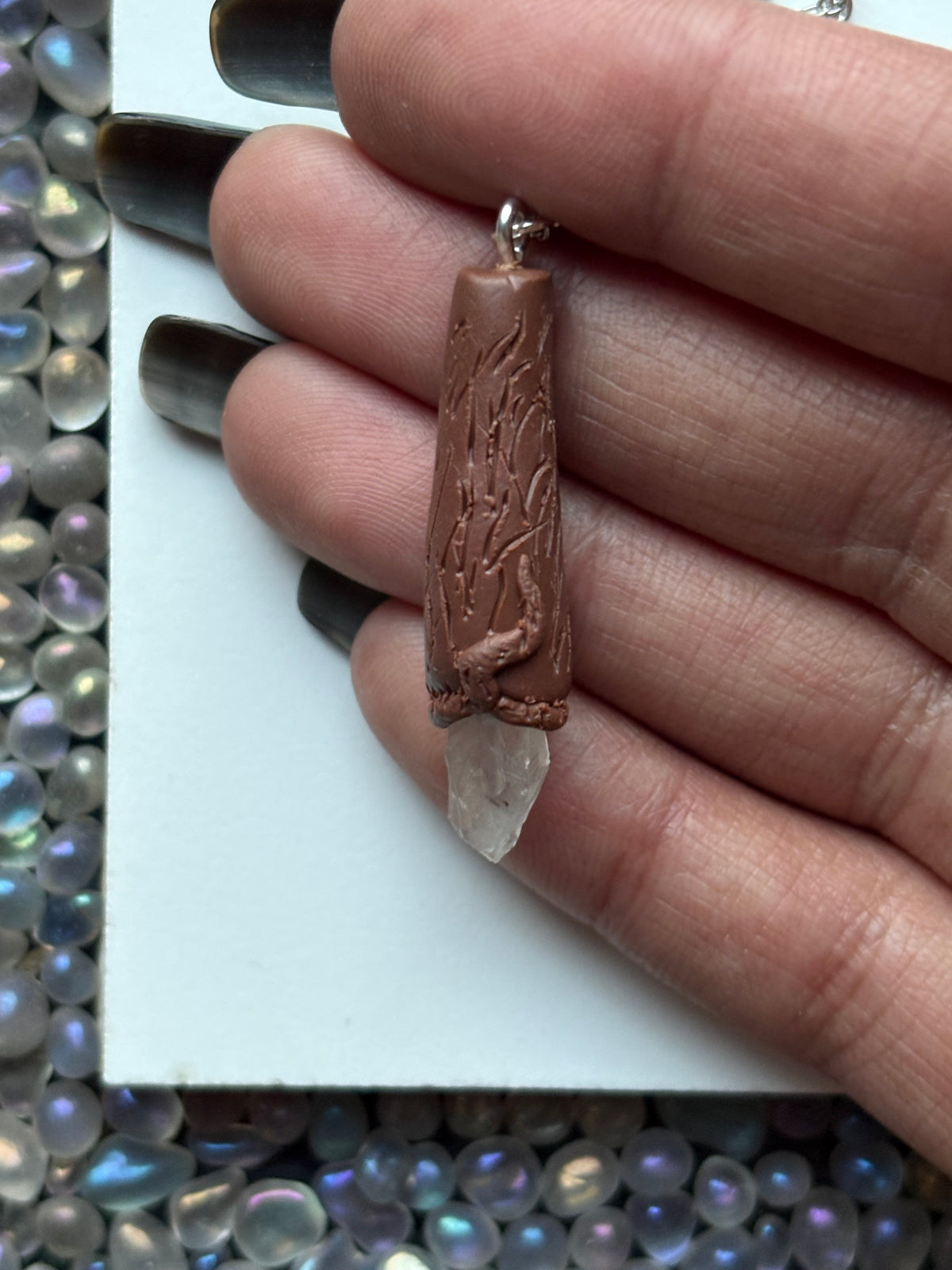Scottish Quartz Crystal Gemstone Clay Wooden Wand Necklace (4)