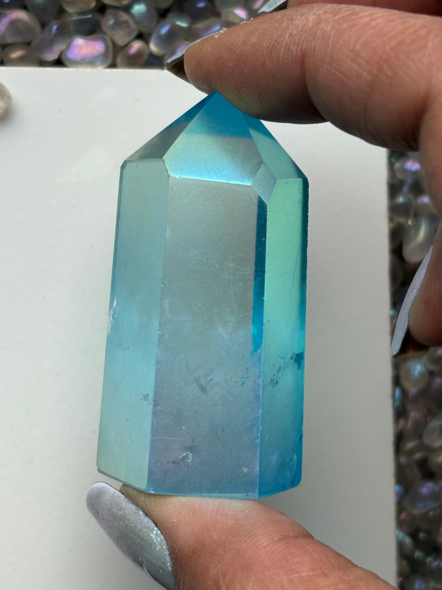 Aqua Blue Aura Quartz Crystal Gemstone Tower Point (2)
