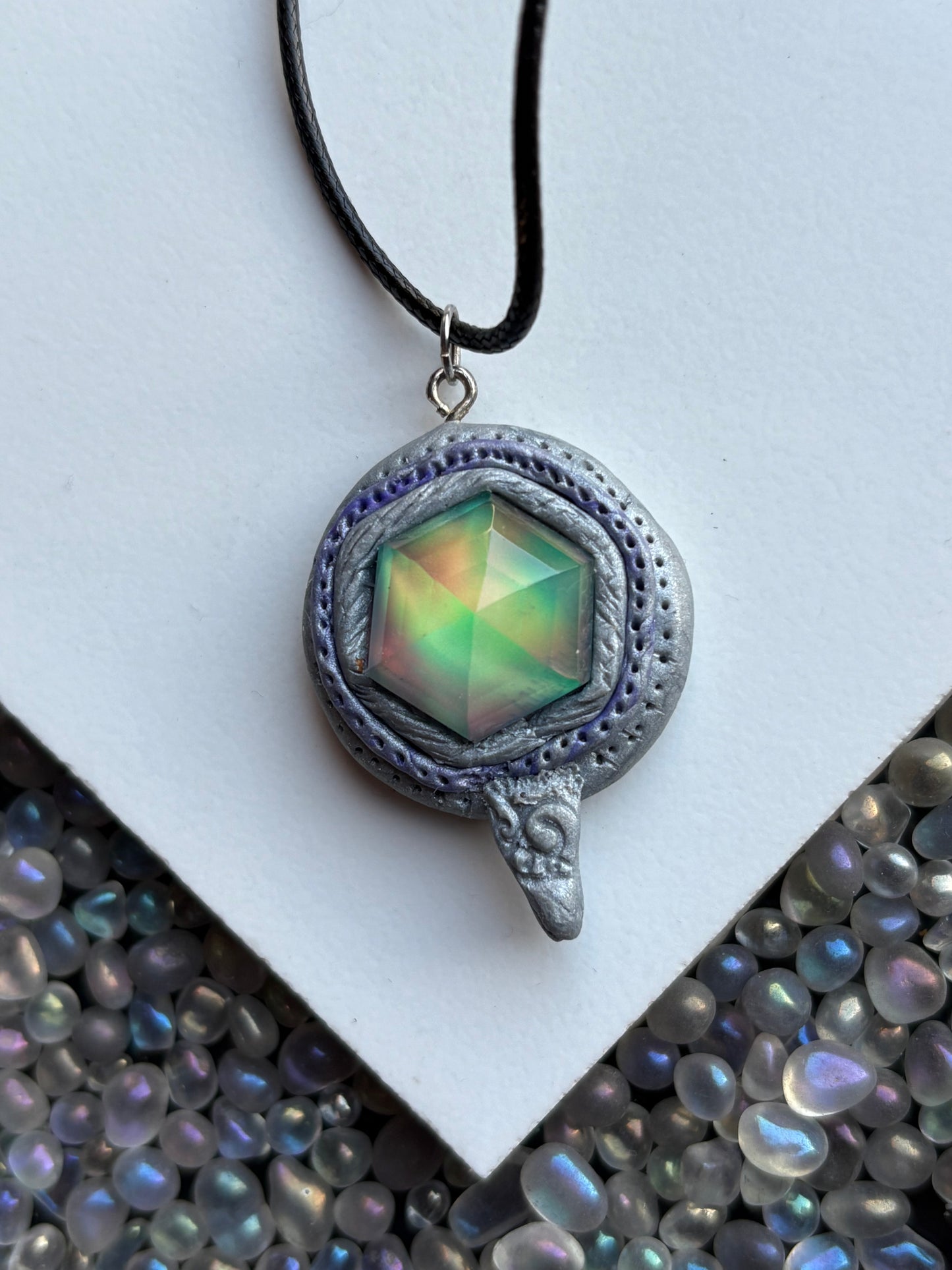 Aurora Opal Doublet Crystal Gemstone - Silver Lilac Hexagonal Dome - Necklace