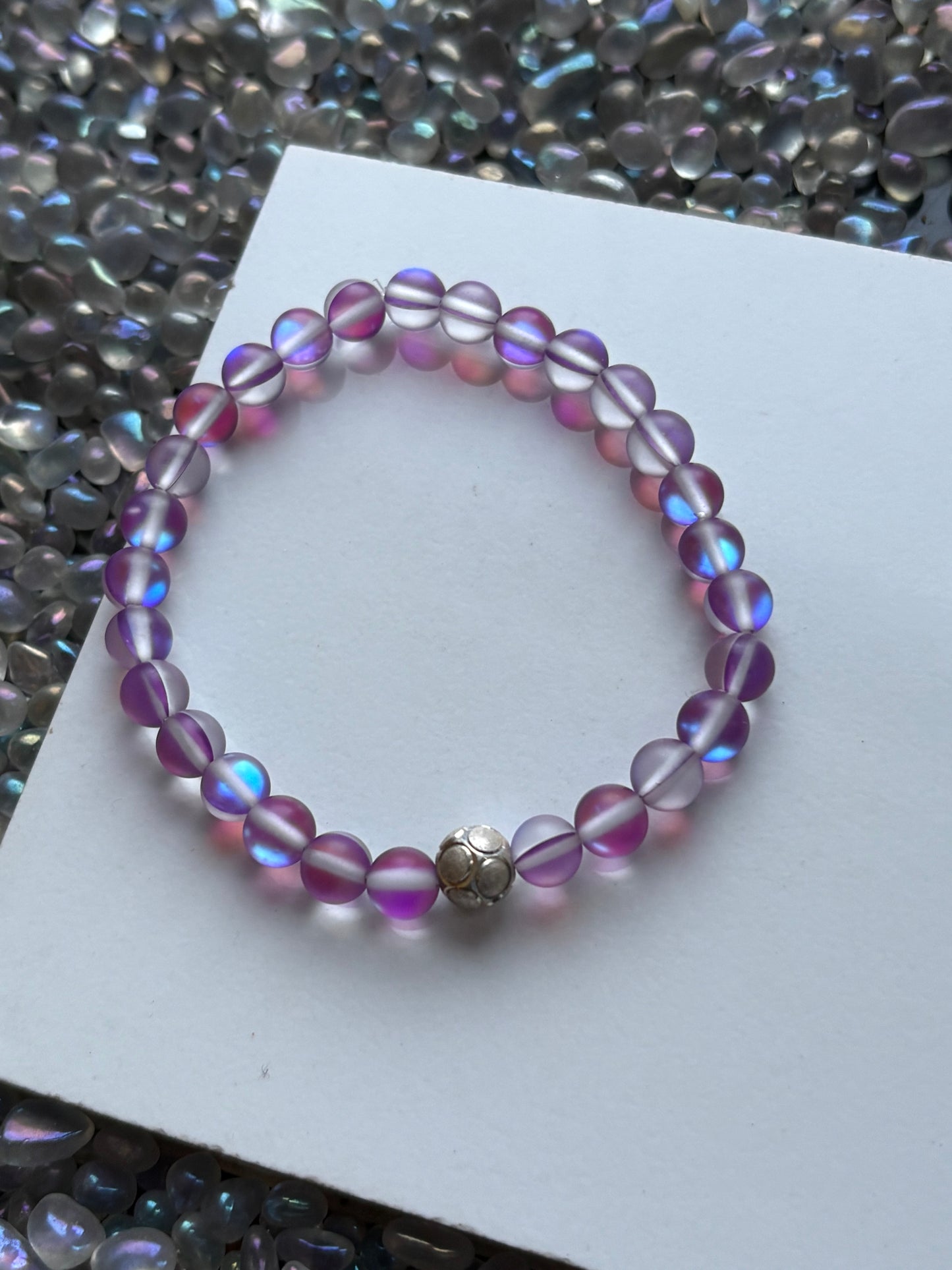 Frosted Purple Aura Quartz Crystal Gemstone Stretch Bracelet Sterling Silver