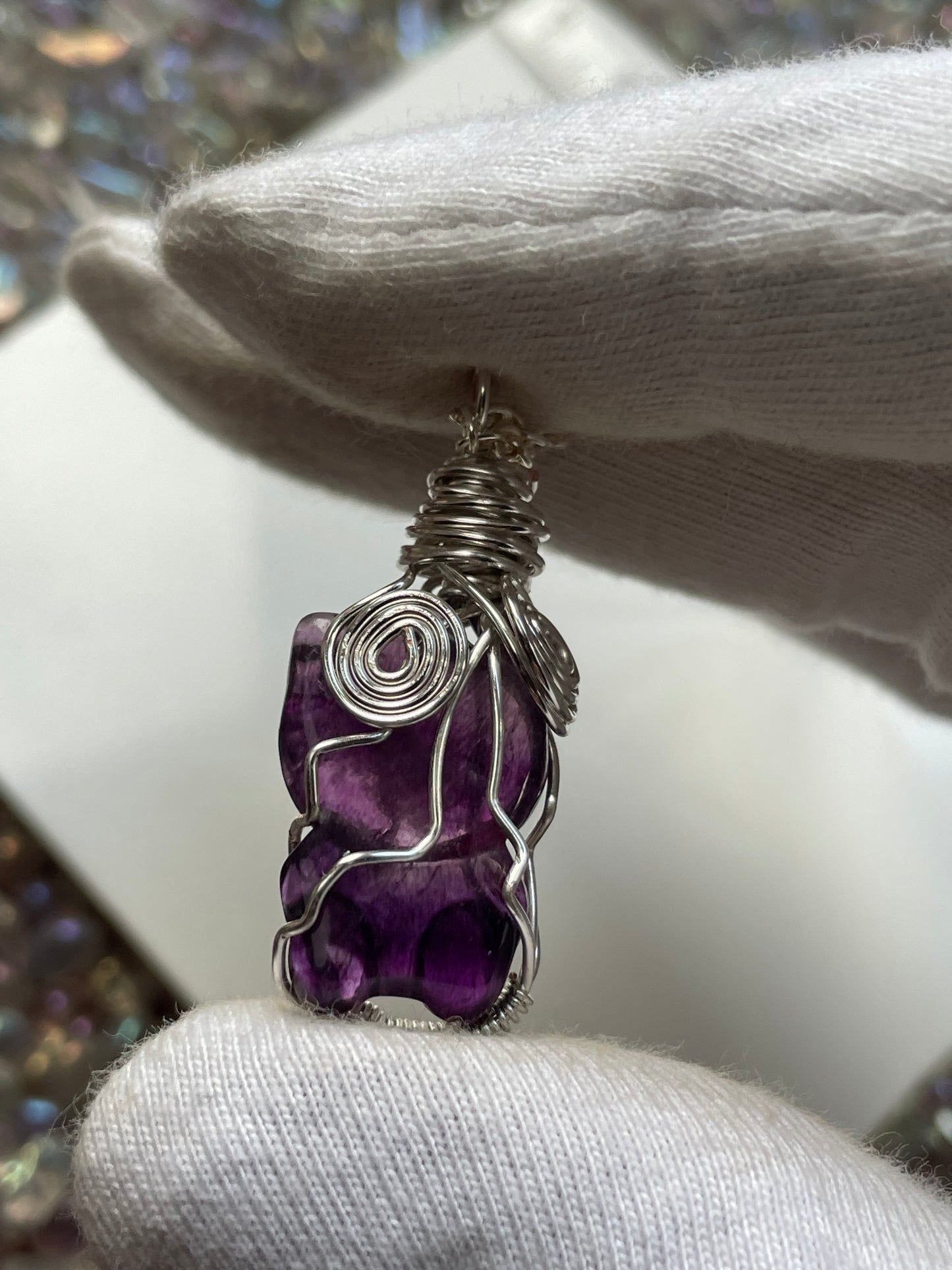 Fluorite Crystal Gemstone Hello Kitty Carving Silver Wire Wrap Necklace